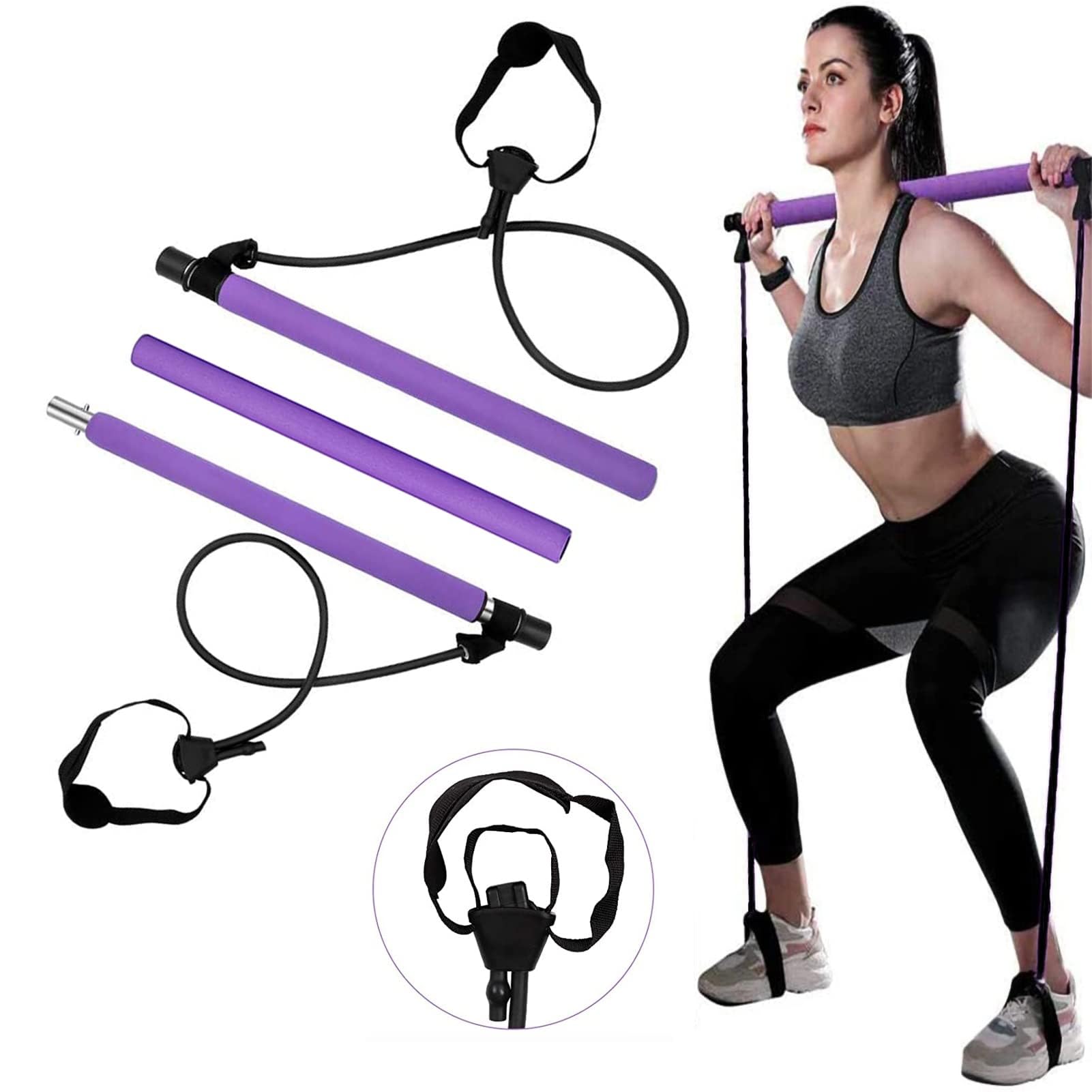 Pilates Bar Kit, Super Portable Yoga Exercise Pilate Stick Set with Resistance Band Foot Loop, Fitness equipment for Stretch Sculpt Twisting Sit-Up for Man Women Home Gym