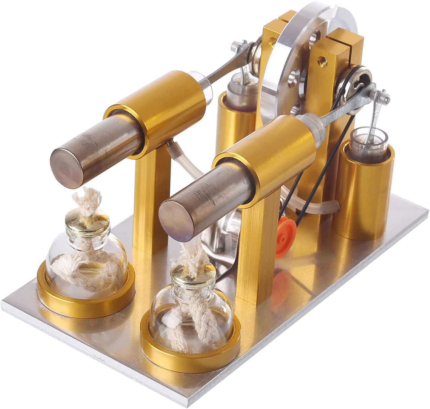 Metal Double-Cylinder Stirling Engine Model with Alcohol Lamp and Light Bulb, Scientific Experiment Educational Toys, Gift for Adult and Kids