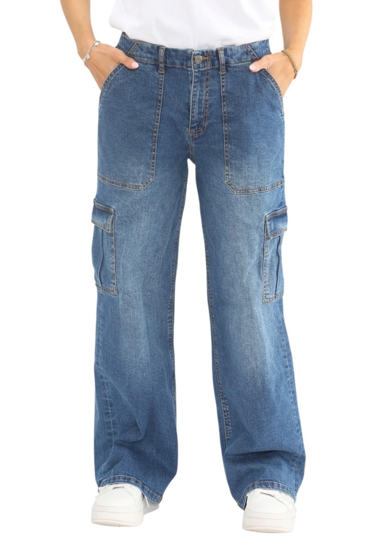 MYT Womens Wide Leg Jeans Ladies Baggy Loose Cargo Pocket High Waisted Stretch Denim Pants Mid Stonewash Blue 22 Regular