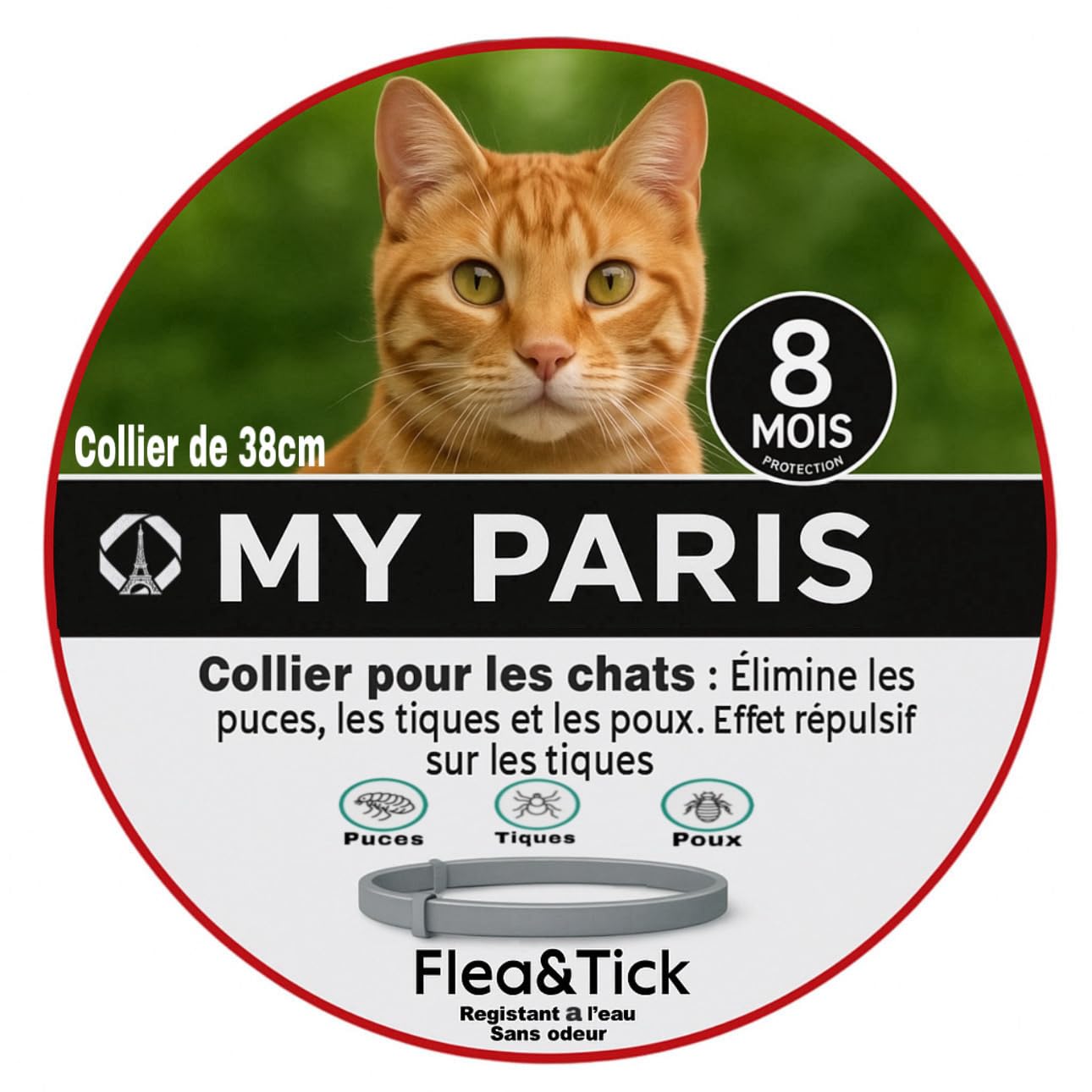 My Paris - Collier Anti-puces, Tique et poux pour Chat et Petit Chien Protection 8 Mois, Naturel, Gris, sans Odeur