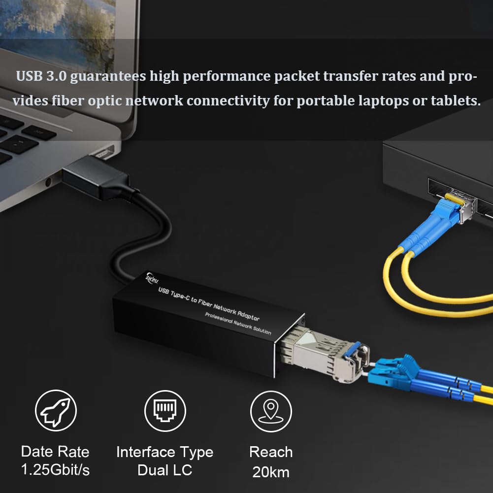 Adaptateur réseau Gigabit USB 3.0 vers 100/1000base-X SFP | Carte réseau USB C vers fibre, équipée d'un module double fibre monomode de 1,25 G, transmission de 20 km