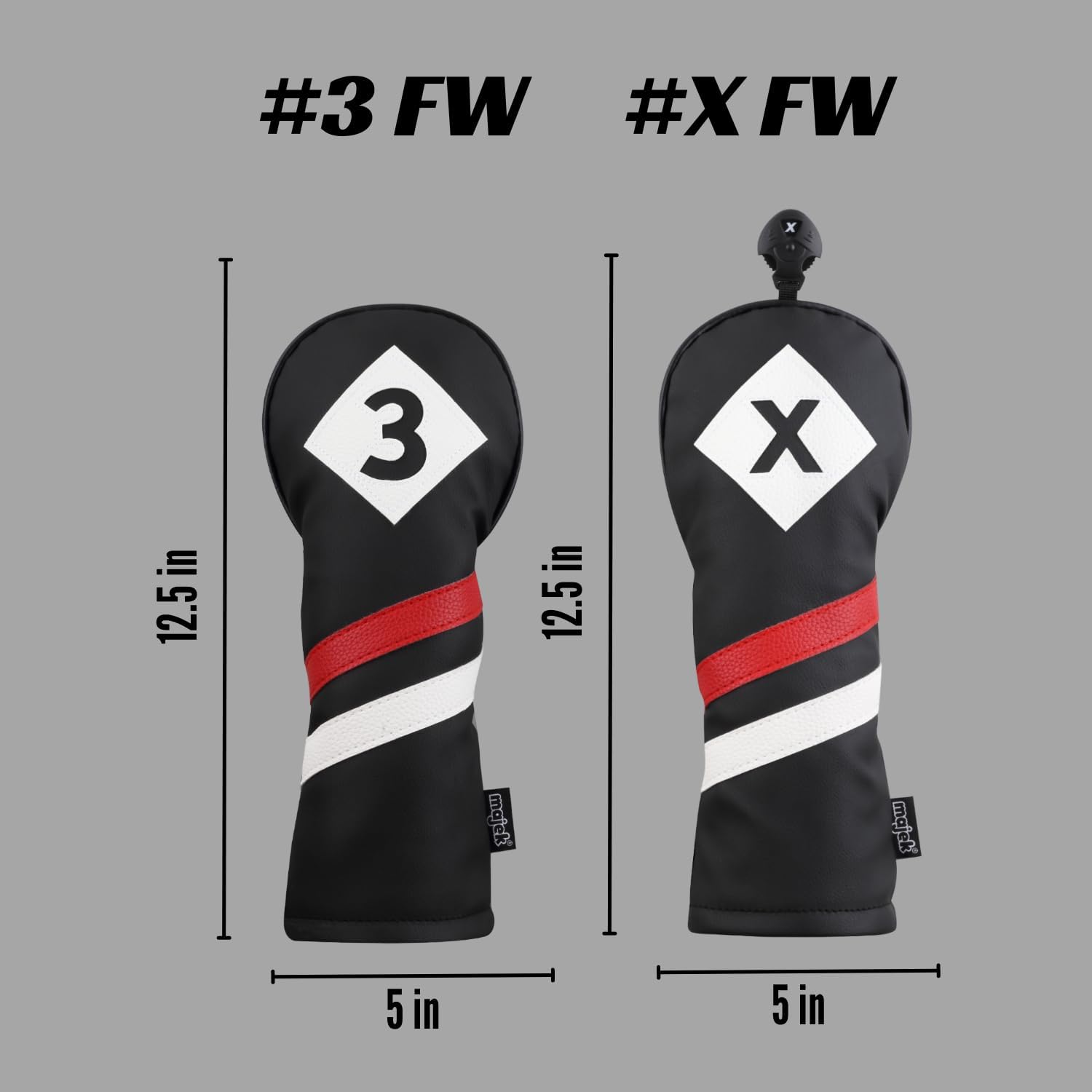 Majek Retro Golf Headcovers Black Red and White Vintage Leather Style 3 & X Fairway Wood Head Cover Classic Look