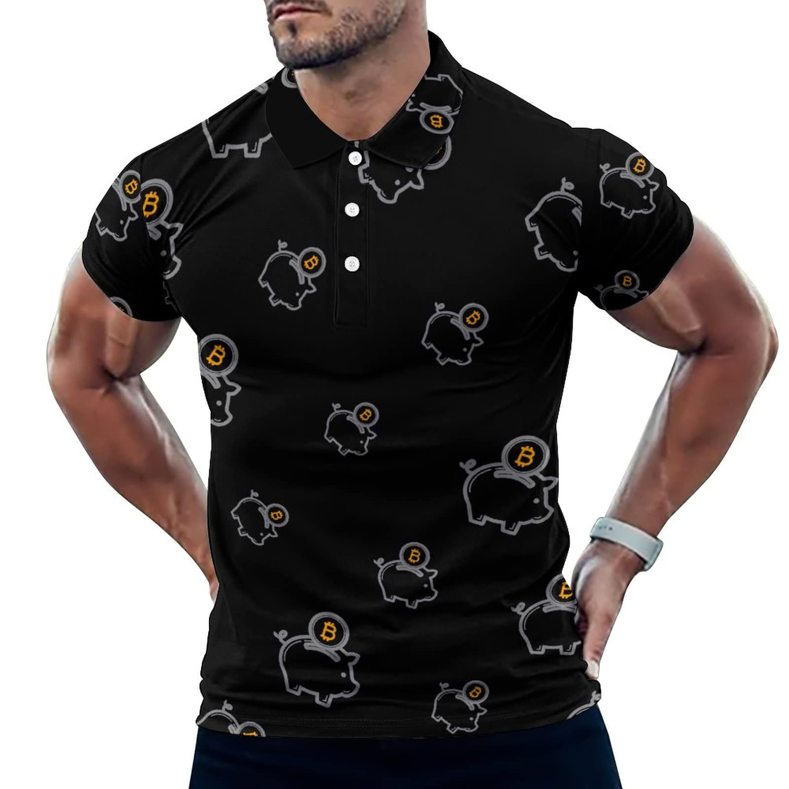 Amazon | ビットコイン貯金箱メンズマッスルTシャツストレッチソフト半袖ポロシャツスリムフィットTシャツトップ | ゴルフマーカー