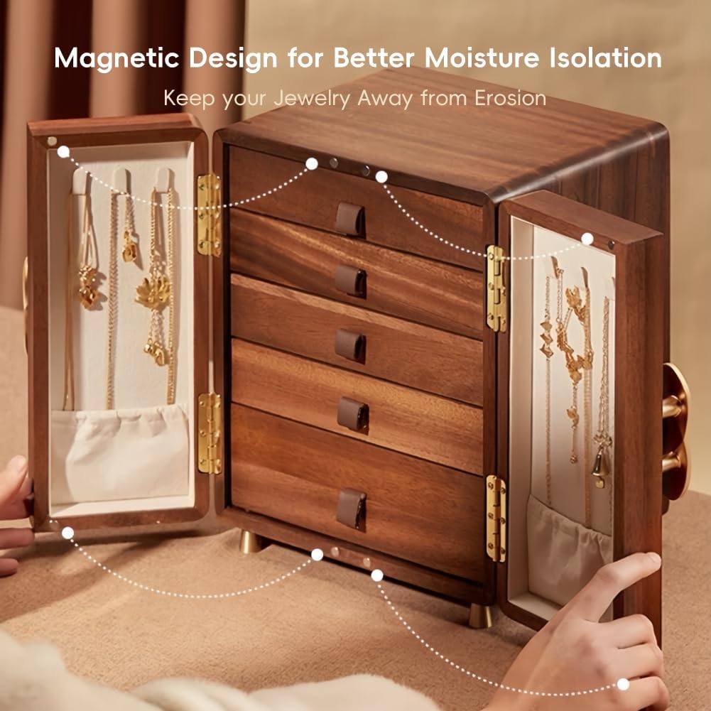 Wooden Jewelry Box 5 Layers Solid Wood Black Walnut Large Jewelry Organizer with Brass Handle for Necklaces Rings Earrings Watches Storage Ideal Gift Choice(7.9x8.7x10.0inches)