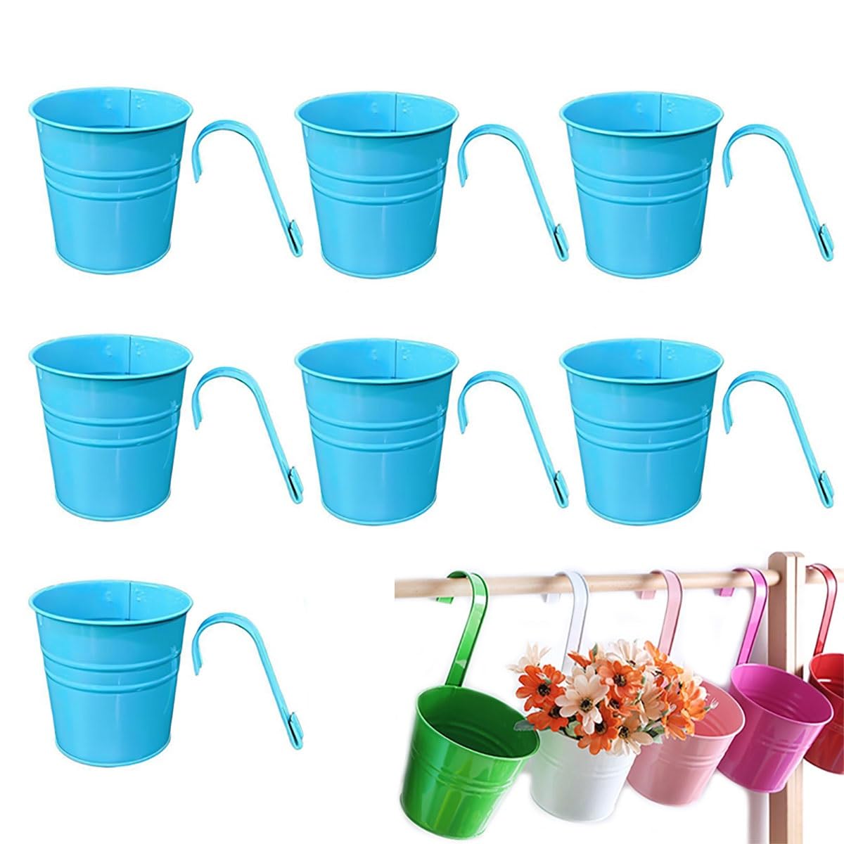 IRCKONCI 7 PCS Vintage Hanging Flower Pots Metal Iron Bucket Planter Plant Pots With Detachable Hook And Drainage Hole, for Fence Balcony Garden Wall Home Decor Outdoor Patio(Blue)