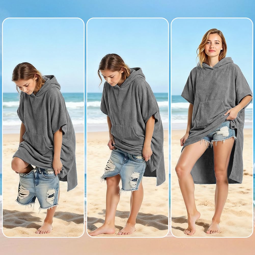 AUYAO Poncho Surf, 110cmX78cm Poncho de Toalla con Capucha para Adultos, Capa Cambiarse, Microfibra de Secado Rápido, Toalla Poncho con Bolsillos Unisex Ideal para Vacaciones Surf Playa, Gris Claro