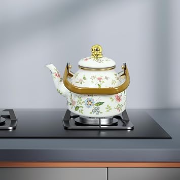 Luxshiny Enamel Teapot 1L with Infuser Japanese Vintage Stovetop Tea Kettle | Induction Compatible Floral Water Pot with Handle, Thicken Porcelain Carafe for Hot Beverage Coffee Home Camping Gift