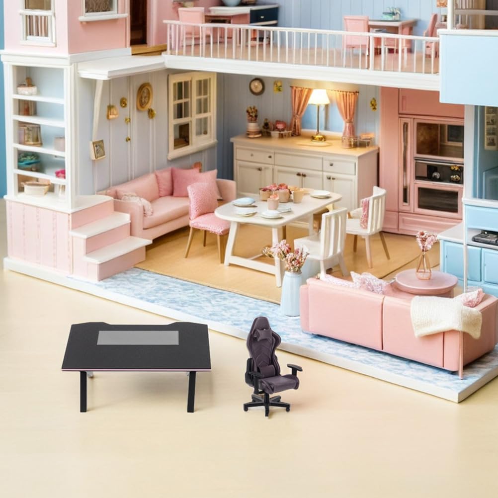 TOYANDONA Set da scrivania e sedie da gioco in miniatura in scala 1:12, modello realistico in miniatura per la decorazione della casa delle bambole, lavori di bricolage,