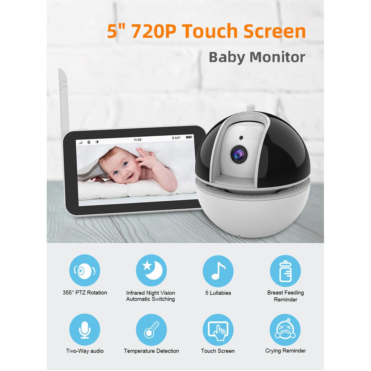 Baby Monitor Portatile, Schermo HD 720P Baby Monitor Video da 5'', Audio Bidirezionale, Zoom, Visione Notturna, Ninne Nanne, Lungo Raggio di 1000ft, Visione Notturna a Infrarossi, modalità VOX