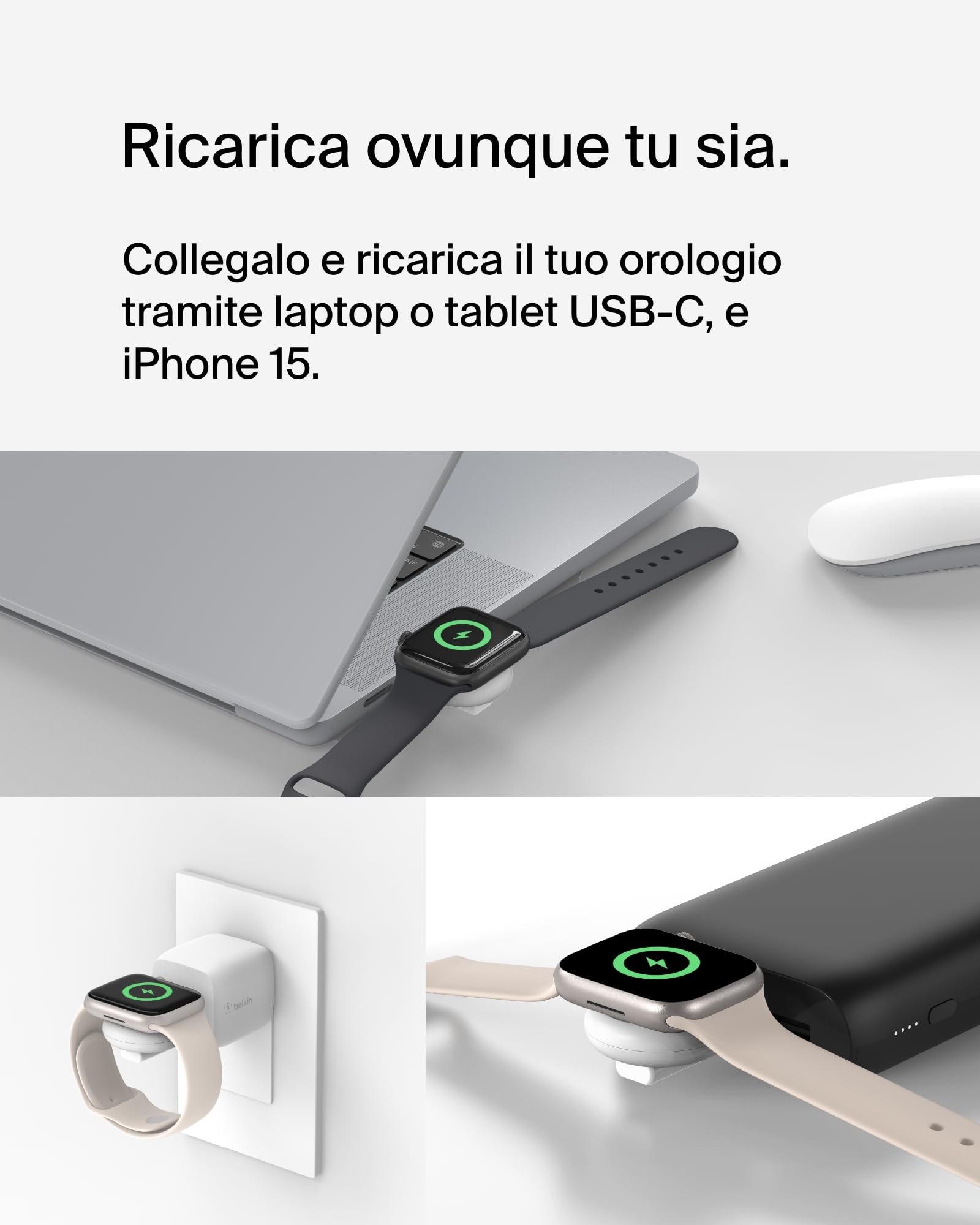 Belkin BoostCharge Caricabatteria USB-C portatile per Apple Watch, caricatore USB-C certificato MFi per Apple Watch Series 11/10/9/, Ultra e altri, compatibile con MacBook, iPhone 17 e altri - Bianco
