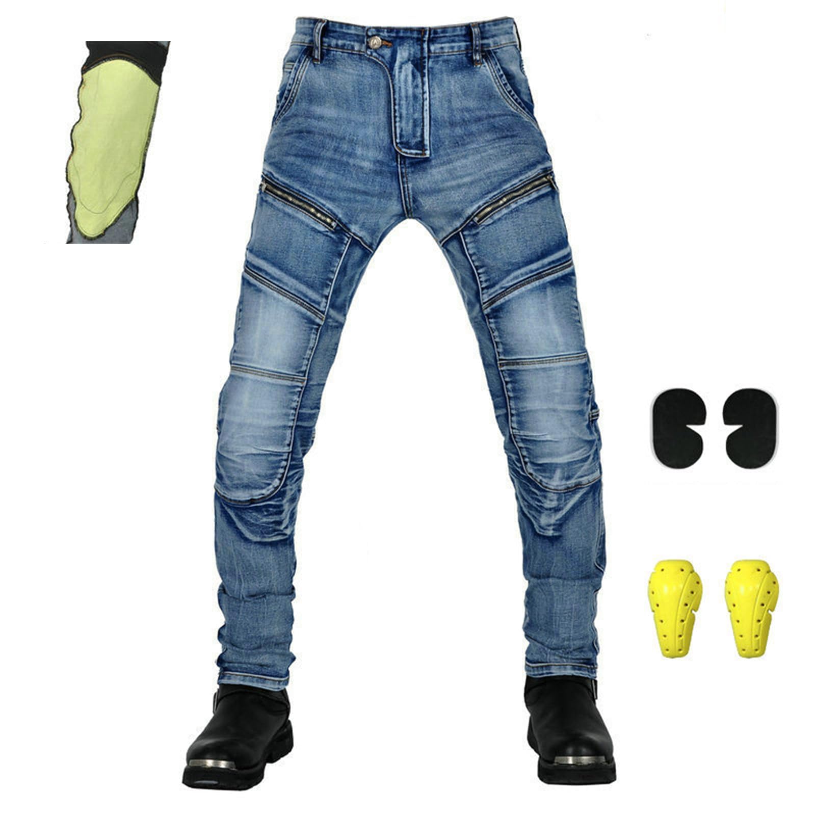 Pantaloni da Moto Uomini/Donne Fibra Aramidica Jeans Moto Uomo da Uomini E Donne Viene Fornito con 2 Paia di Protezioni per Anca E Ginocchio (Blu,XS)