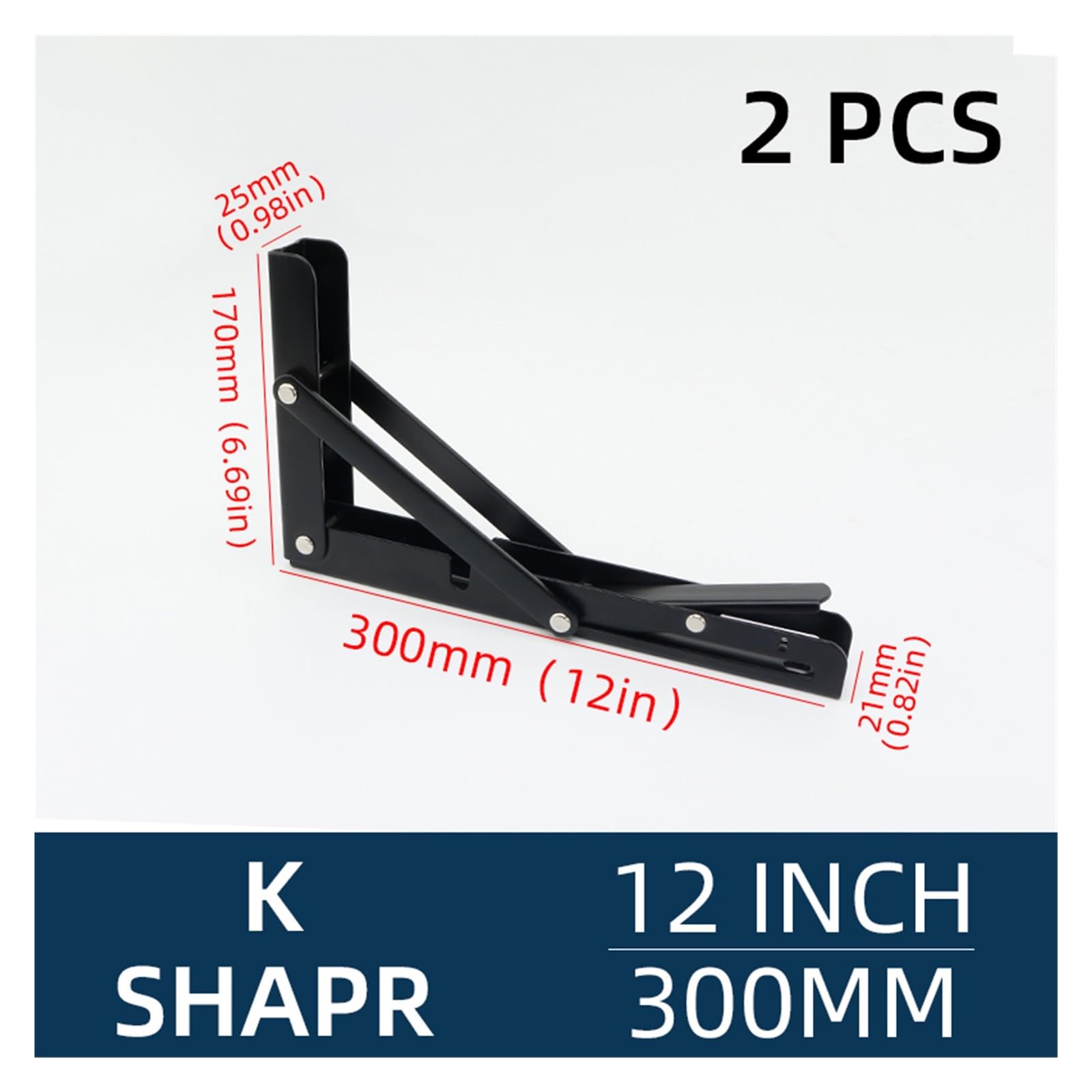 soporte plegable para estantería, 2 soportes de acero inoxidable 8 a 24 pulgadas(Iron Black 12in)