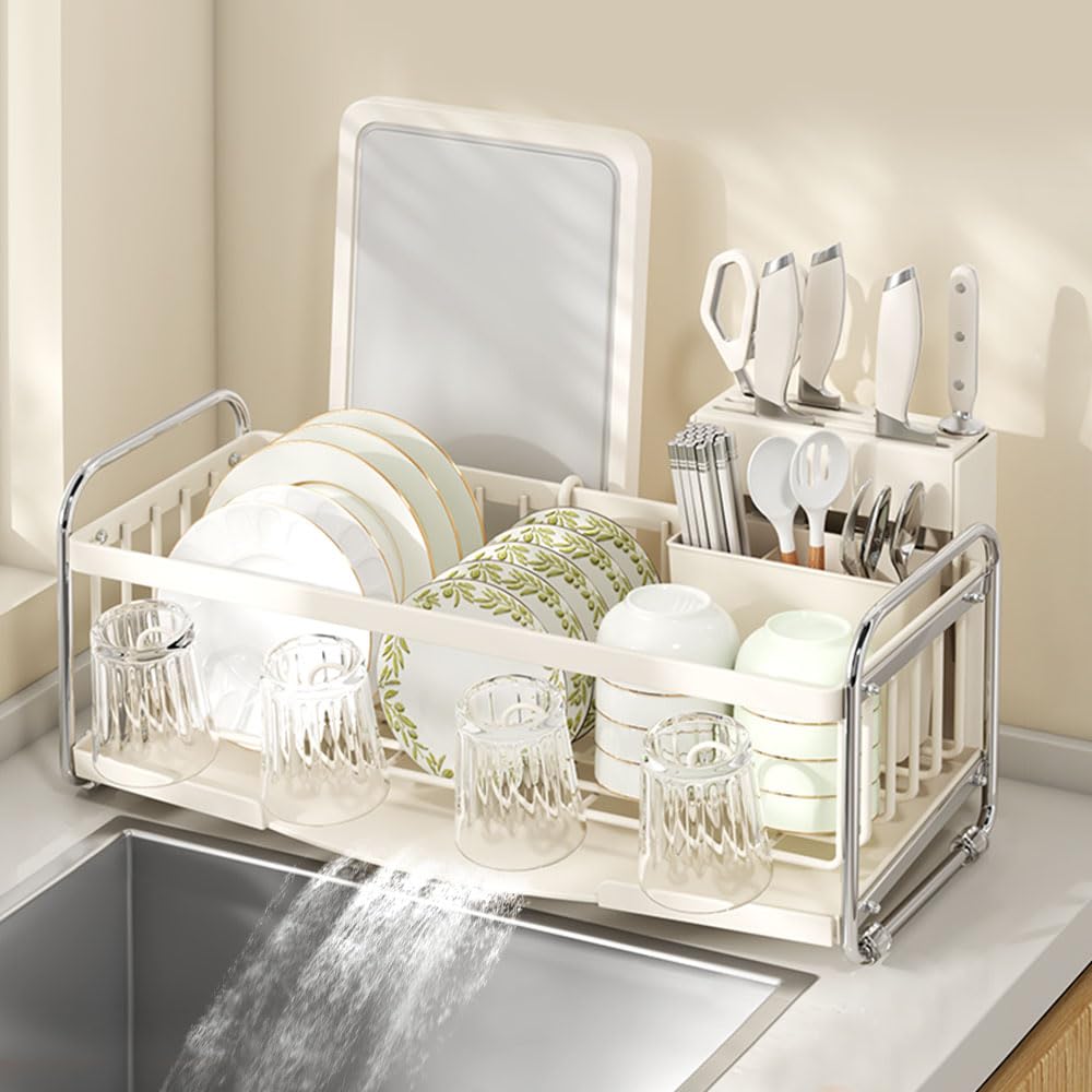 Dish Drainer Basket Rack, Drainer, Drainer Rack, Drainer Basket, Large Capacity, Over the Sink, Automatic Drainage, Horizontal Placement, Flowing, Kitchenware, Kitchen Storage, Knife Stand, Chopstick white 1段式