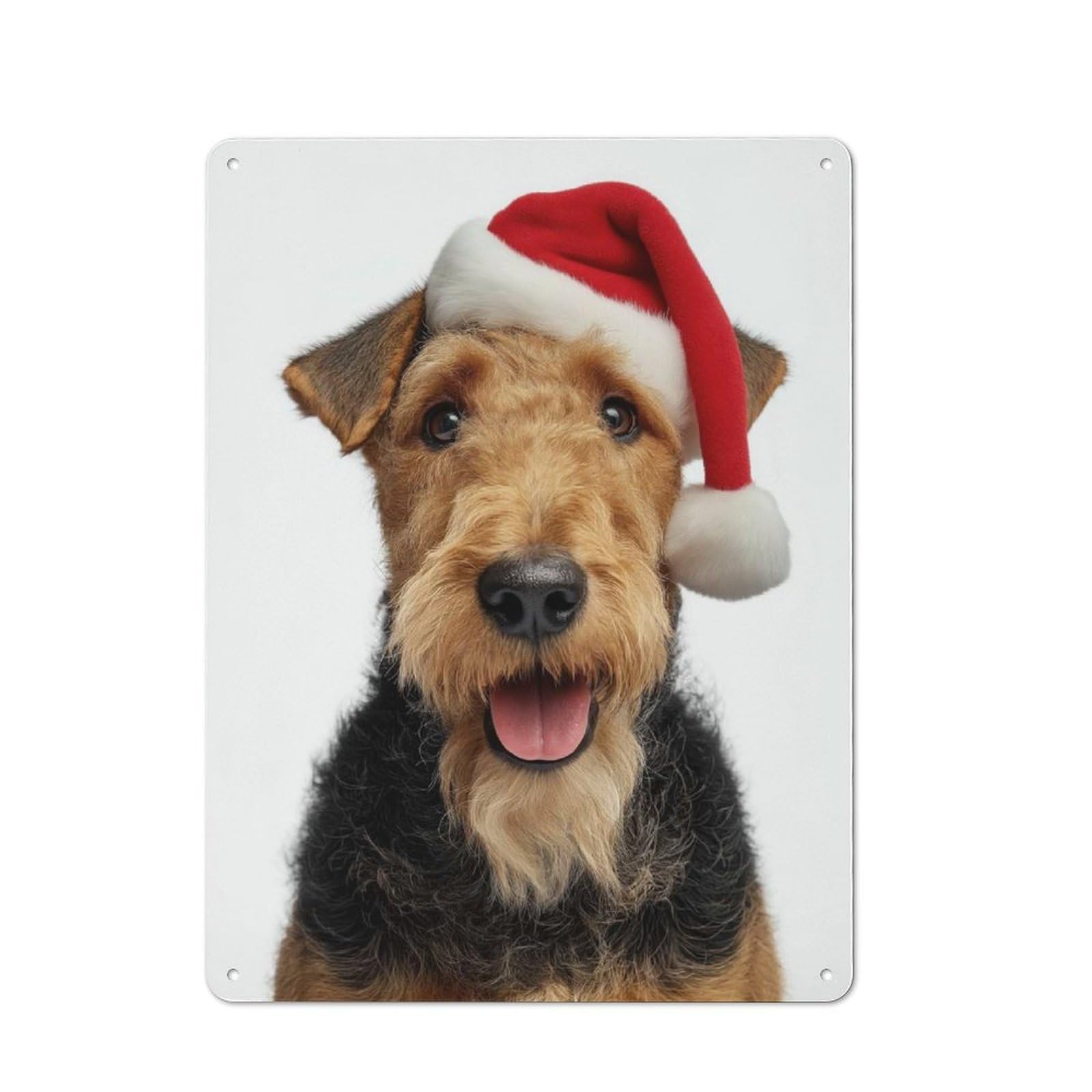 Junmoney Airedale Terrier Dog With Santa Hat Metal Sign 40X30cm With For Workshop Wall, Vintage Decor, A Decorative Christmas Gift For Metal Sign Collectors