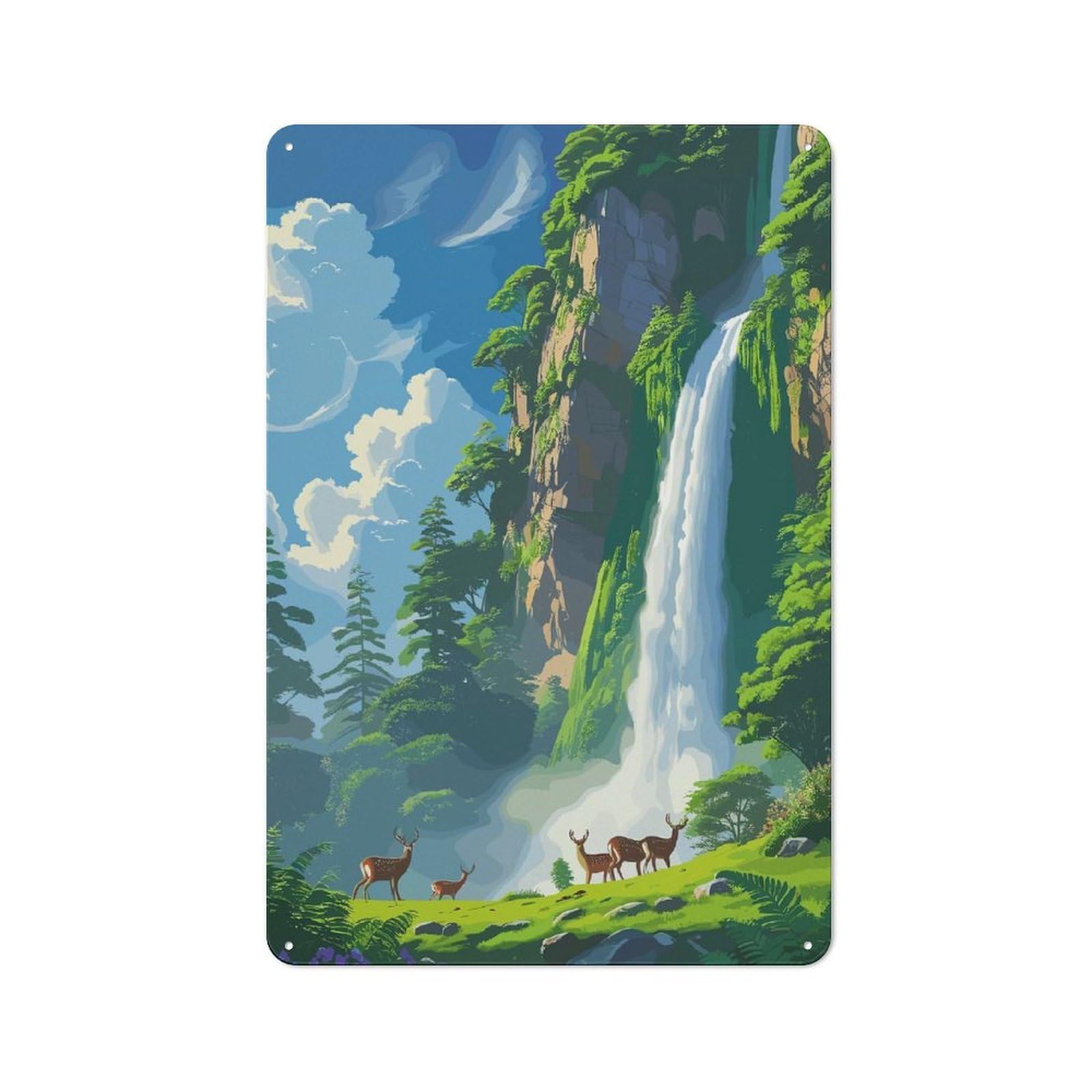 Junmoney Waterfall Landscape With Deer Vintage Tin Sign 30X20cm With For Living Room Or Hallway, For Living Room Decor Lovers