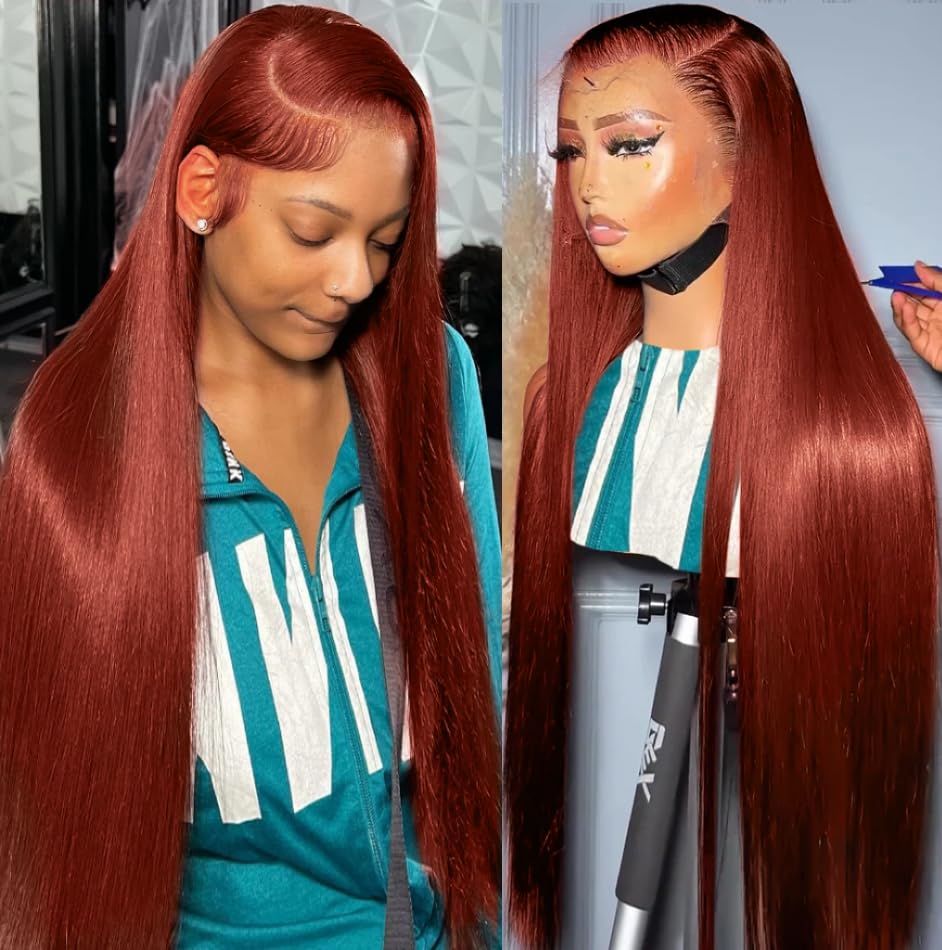 Reddish Brown Lace Front Wigs Human Hair 28inch 180% Density 13x4 Full Frontal Transparent Hd Lace Straight Lace Front Wig Human Hair Reddish Brown Colored Wigs For Black Women Frontal Wig Human Hair