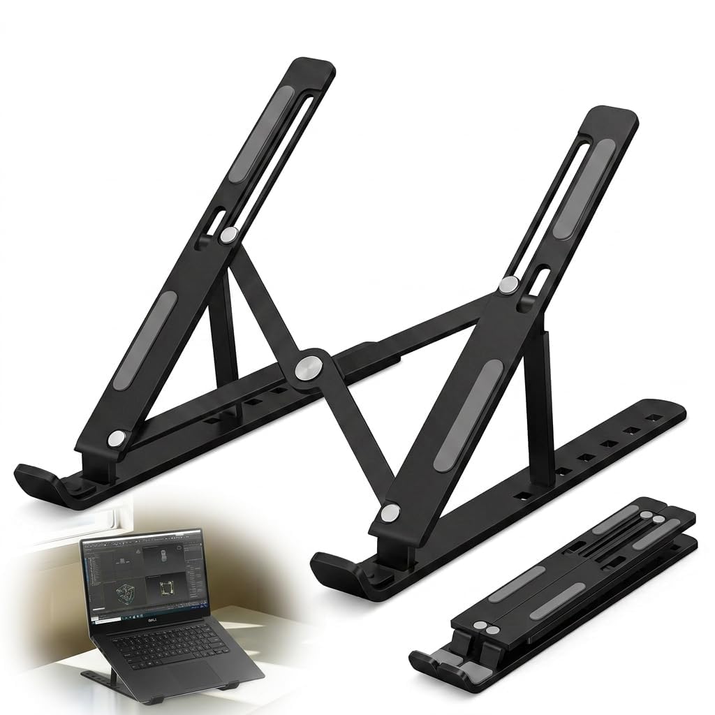 MKtoko Adjustable Laptop Stand, Foldable Portable Aluminum Laptop Riser for Desk with Cooling Vent Design, Ergonomic Computer Holder for 10-17.3 Inch Laptops, Notebooks and Tablets