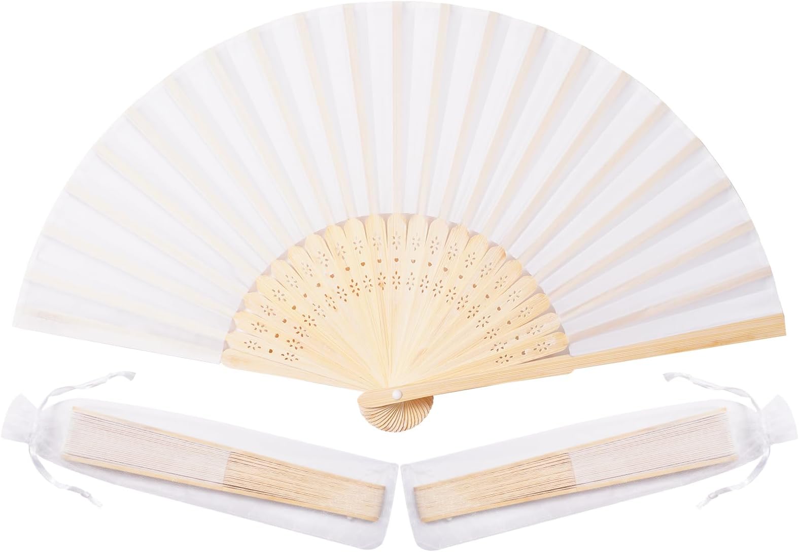 Sepwedd 50pcs White Imitated Silk Fabric Bamboo Folded Hand Fan Bridal Dancing Props Church Wedding party favors with Organza Bags