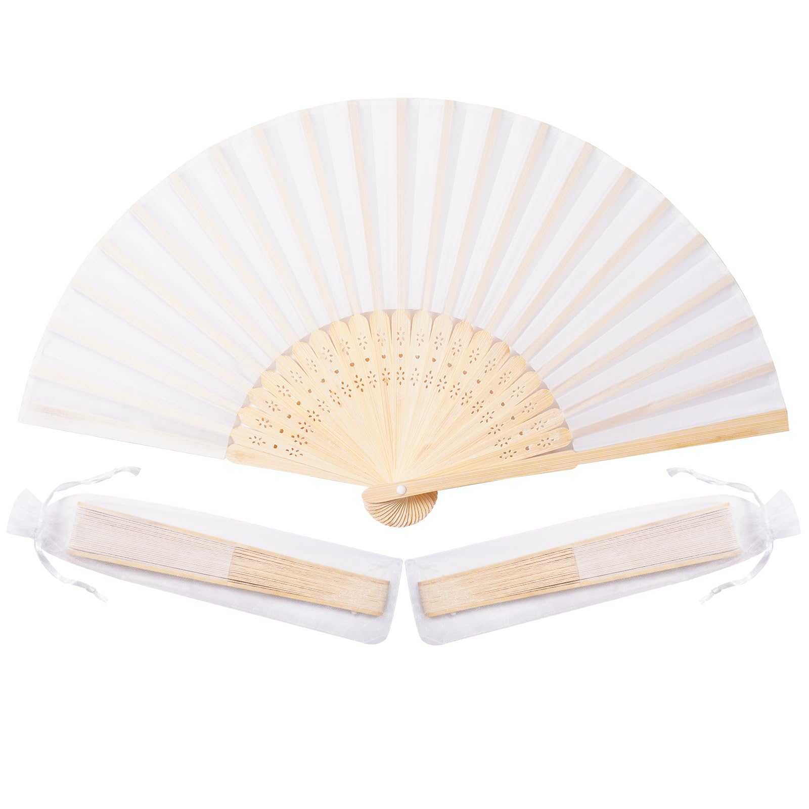 Sepwedd 50pcs White Imitated Silk Fabric Bamboo Folded Hand Fan Bridal Dancing Props Church Wedding party favors with Organza Bags