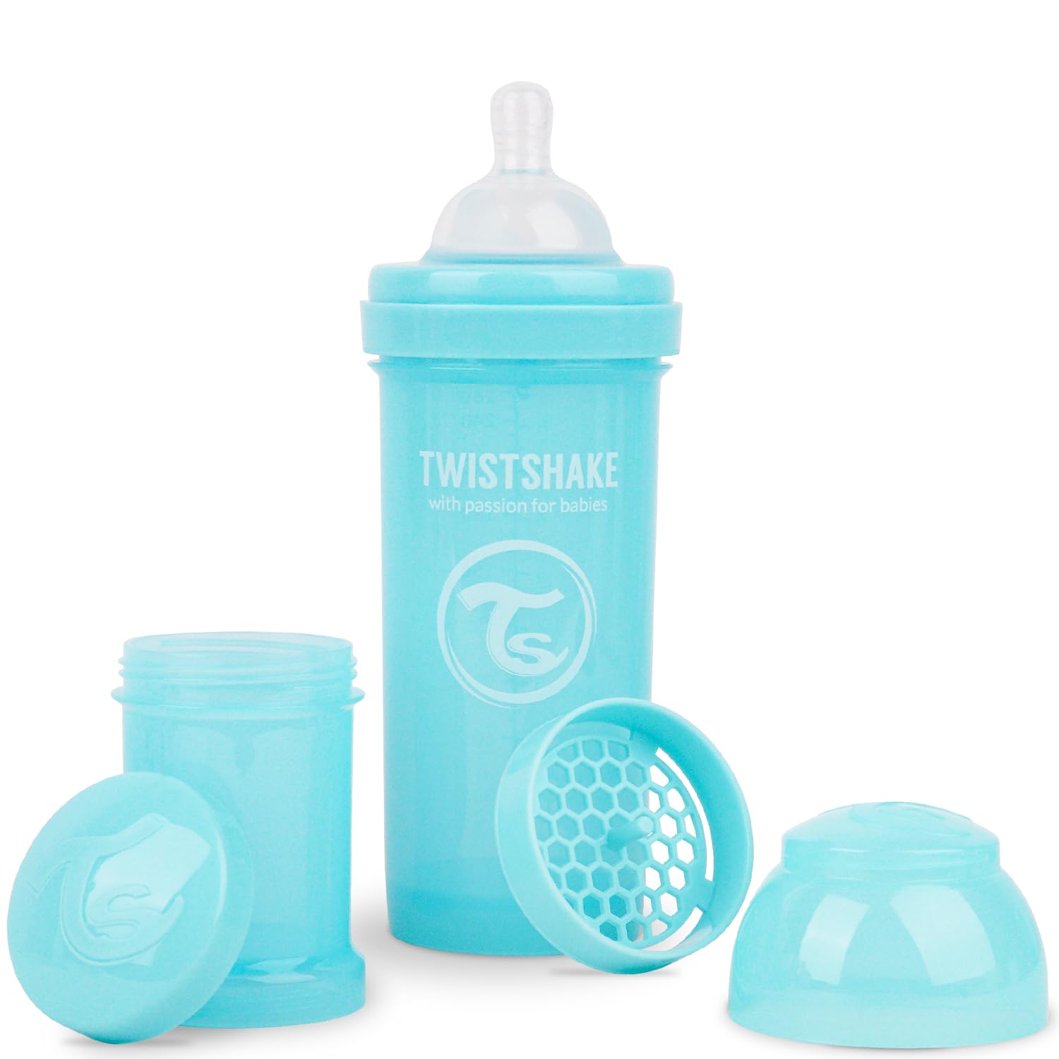 Twistshake Anti-Colic Baby Bottle with Milk Powder Container and Mixer - 260ml | Medium Flow Silicone Breast-Like Nipple | BPA- Free Baby Milk Bottle | Suitable for 2+ Month Babies | Blue