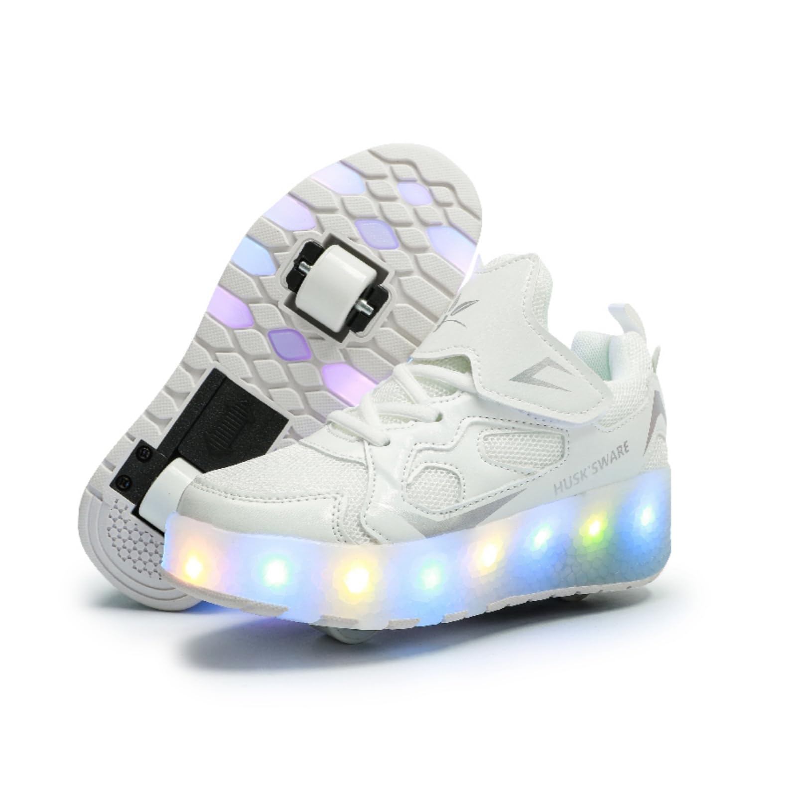 HUSKSWARE Chaussures de Skate à Deux Roues pour Enfants, avec lumière Changeante Ajustable et Recharge USB, Universel pour garçons et Filles, Noir, Rose, Or, Argent, Tailles 28 à 41 EU.