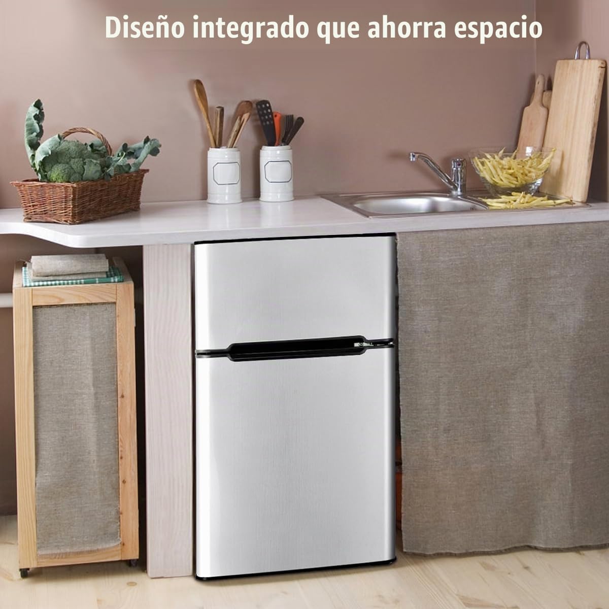 GOPLUS Frigorífico 90 L, Minifrigorífico con Congelador de 27 L y Frigorífico 63 L con Marco de Acero y Termostato Ajustable, Mini Nevera de Bajo Consumo para Casa Oficina 48×49,5×86 CM (Gris)