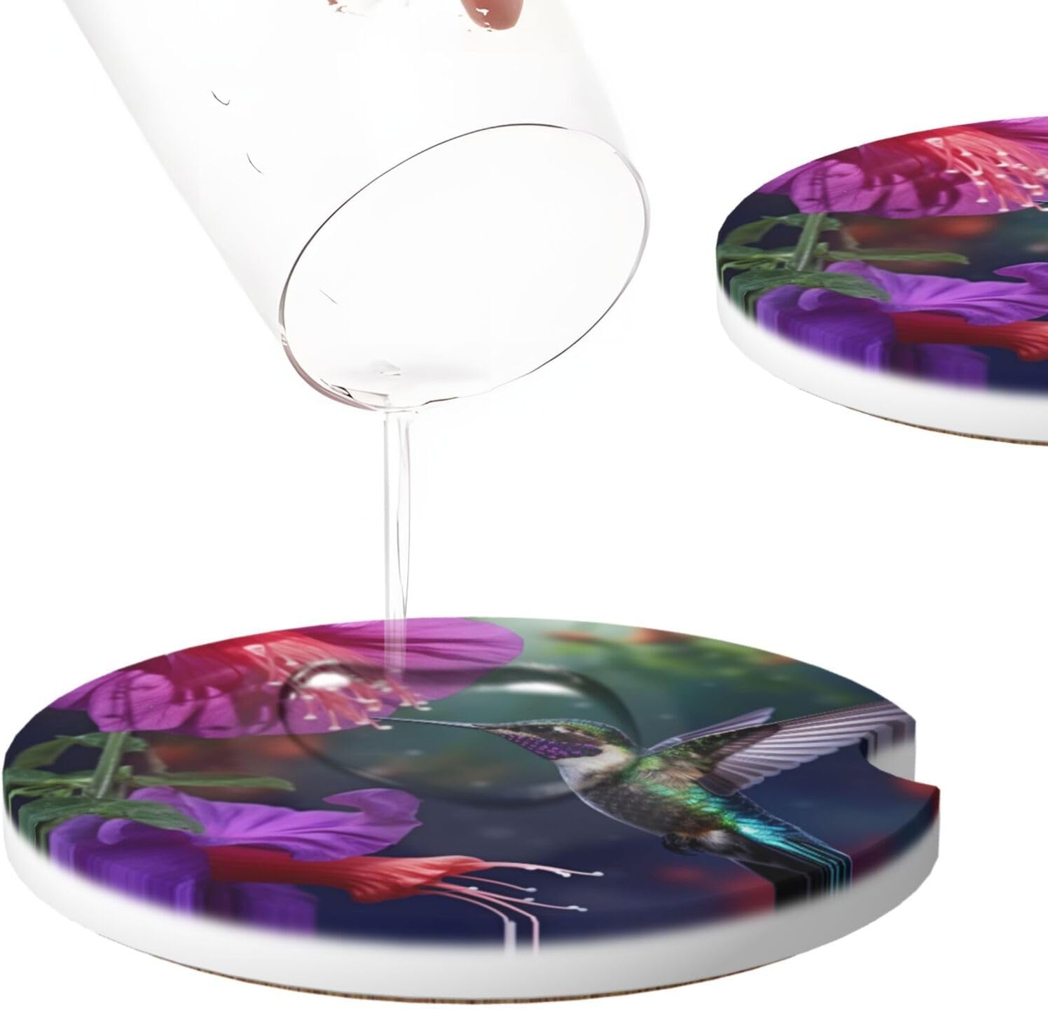 Famame 2 Pcs Hummingbird Tropical Flowers Ceramic Car Coasters Anti-Slip Absorbent Coaster Sets for Drinks Car Decor Auto Accessories image 4