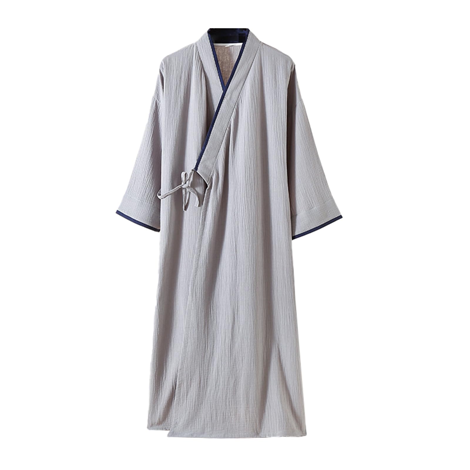 TIANQIHAO Mens Kimono Robe Lightweight Soft Bathrobe Sleepwear Japanese Long Robe Loungewear With Pockets,Light Gray-Medium