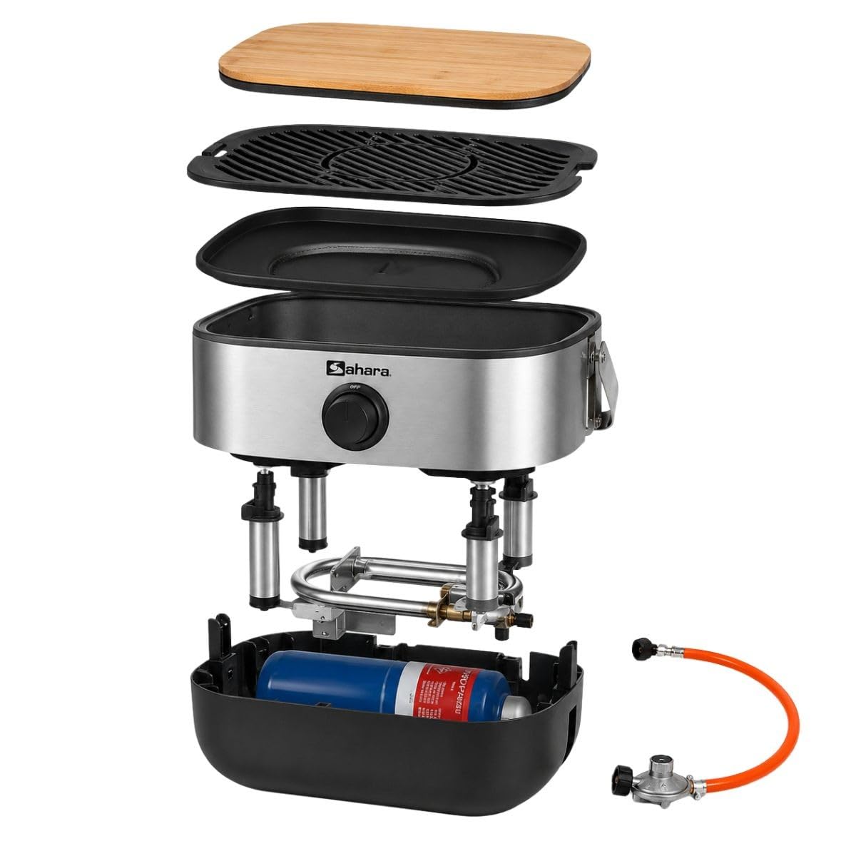 Sahara – Barbacoa de gas portátil compacta de 2,7 kW, rejilla de hierro fundido, mini barbacoa de mesa, tabla de cortar madera de 2 a 4 personas