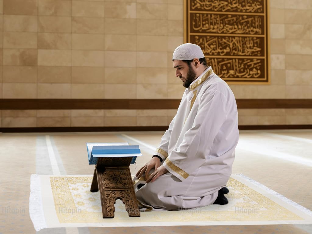 CLMJHG Muzułmański dywanik modlitewny i koraliki z elegancką torbą z tkaniny Slub, islamska mata modlitewna, muzułmański dywanik modlitewny, koc modlitewny Ramadan, na prezenty, muzułmański, islamski,