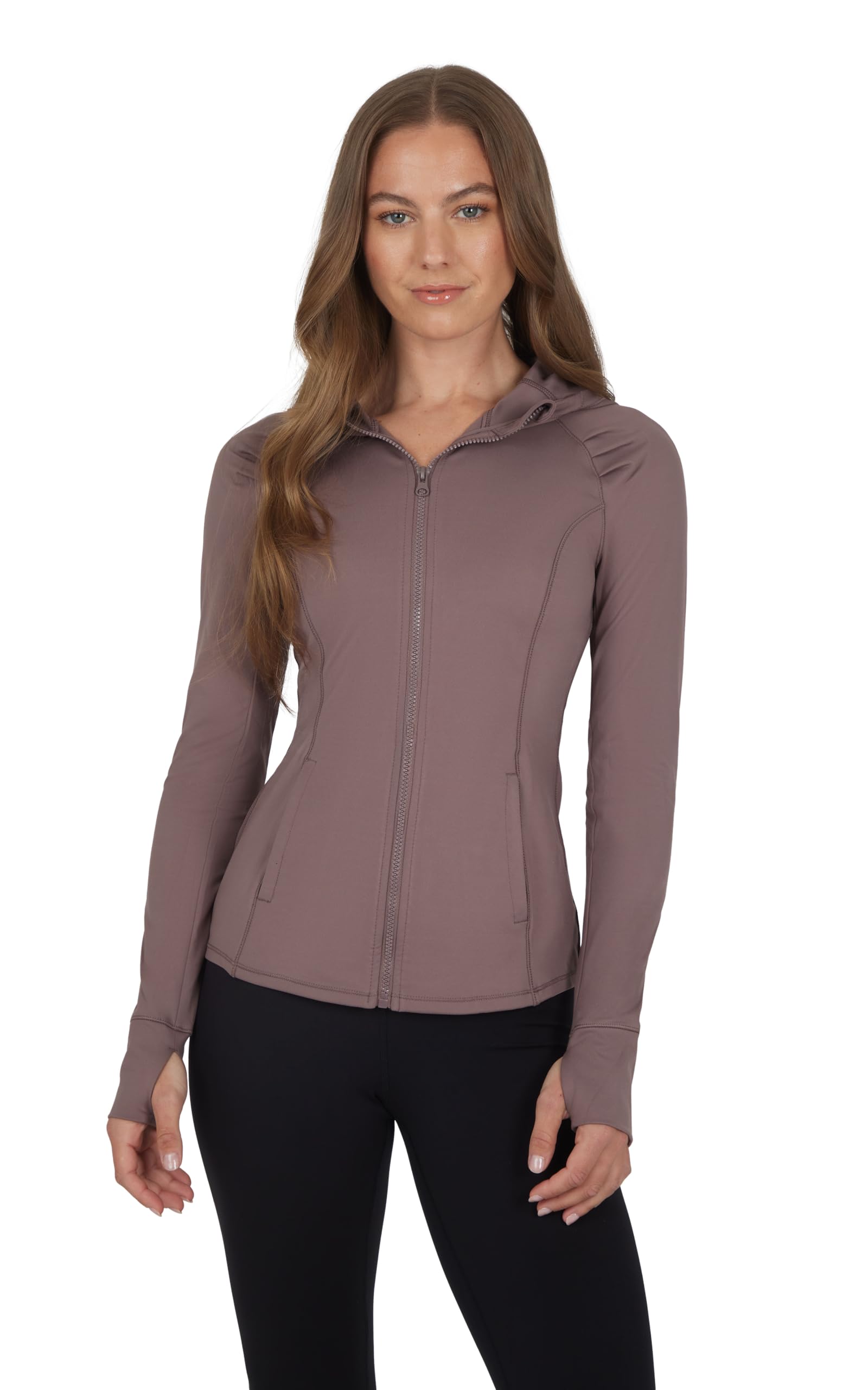 Yogalicious Full-Zip Lightweight Hooded Running Workout Yoga Lux Jacket with Pockets, Mocha, XL