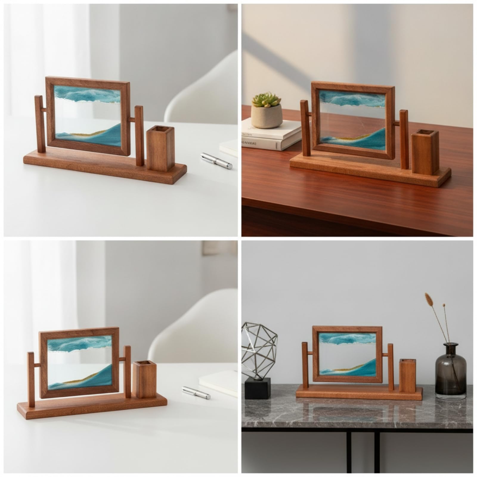 Sandbild mit Stifthalter Beruhigend Drehbarer Bilderrahmen mit Stiftebecher Fließend Drehbares Sandbild für Büroangestellte, Schreibtisch, Schwarz, Sand, Tuschelandschaft