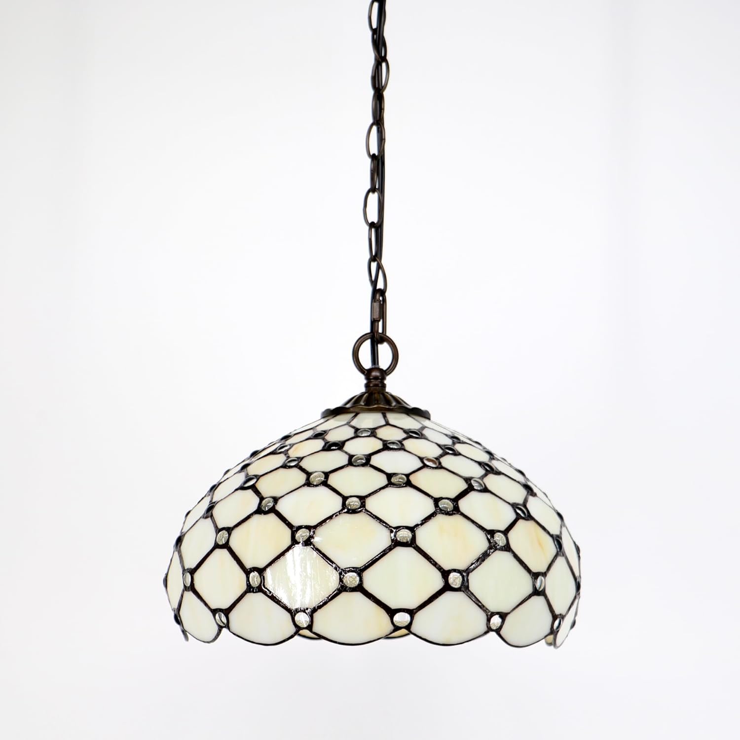 Tiffany Pendant Light Plug in Stained Glass Hanging lamp 12X12X181 Inch Hanging Lamp Living Room Bedroom Kitchen Dining Room Office(Cream Bead)