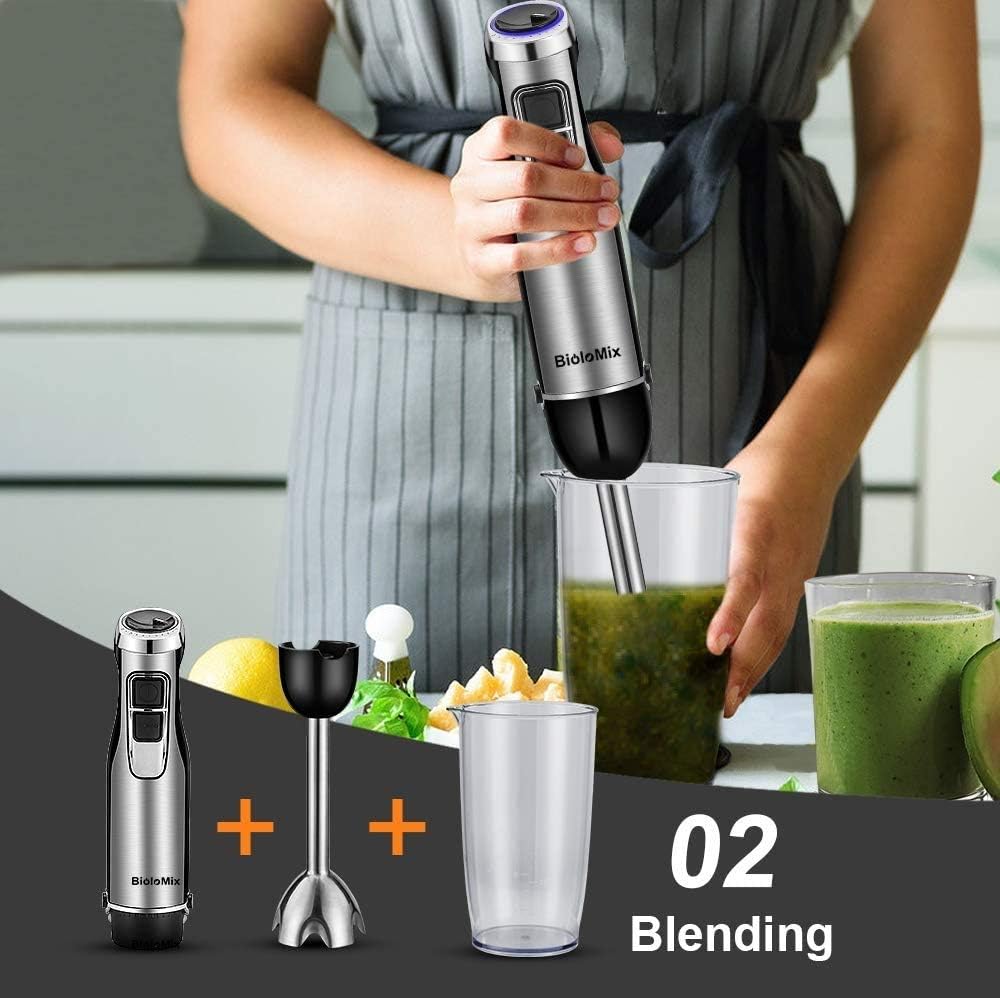 Hand Immersion Blender Handheld Electric 4-in-1 6 Speed Stick Blender with Whisk/Food Chopper/600ml Mixing Beaker for Puree Infant Food Smoothies Sauces and Soups Stainless Steel BPA-Free