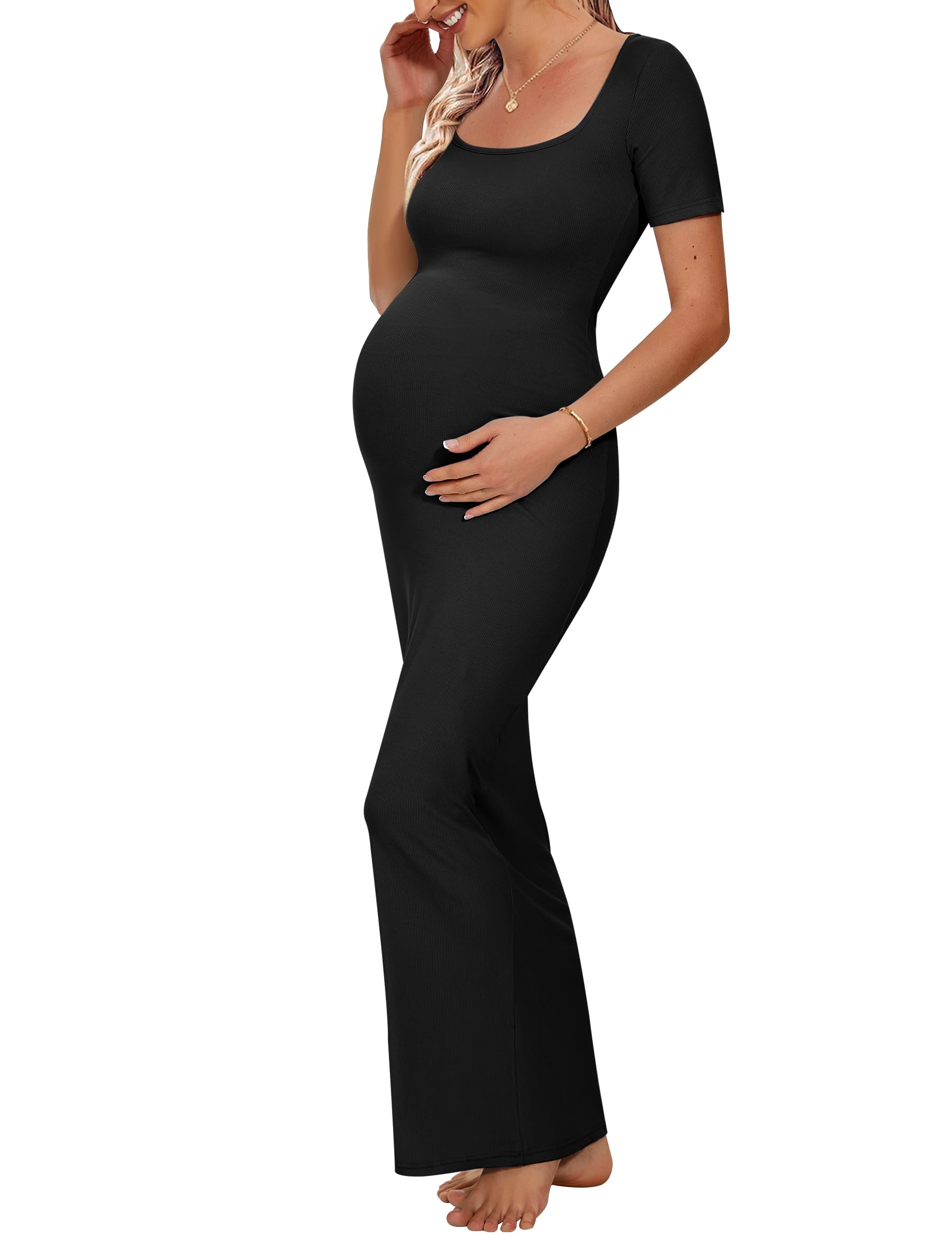 Women's Ribbed Maxi Dress Body-Hugging Fit Maternity Dress Before During After Pregnancy