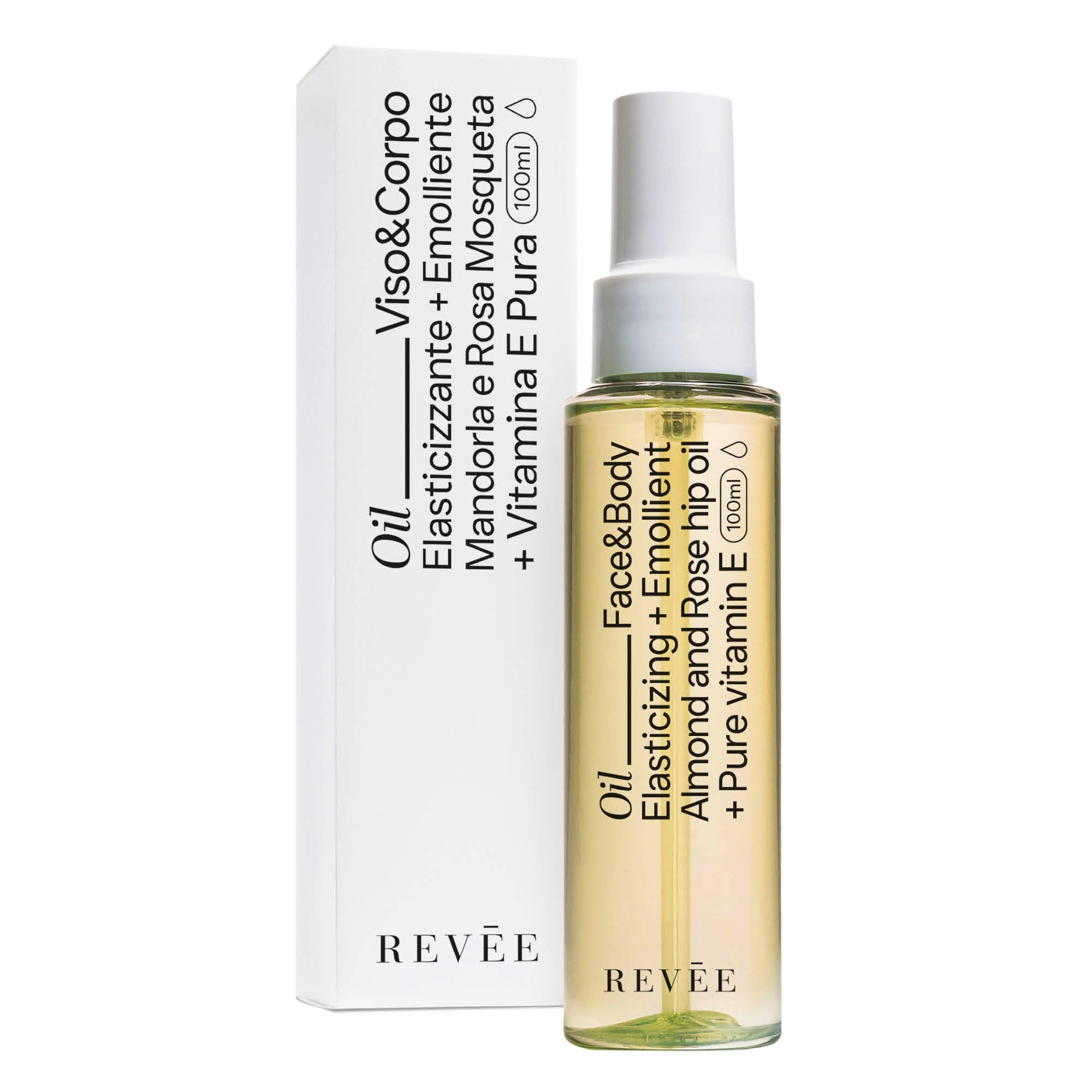 REVÉE OIL, Olio Secco Corpo e Viso - Mandorle, Rosa Mosqueta e Vitamina E – Elasticizzante, Lenitivo – Ideale per Pelle Secca, Cicatrici, Smagliature – 100 ml