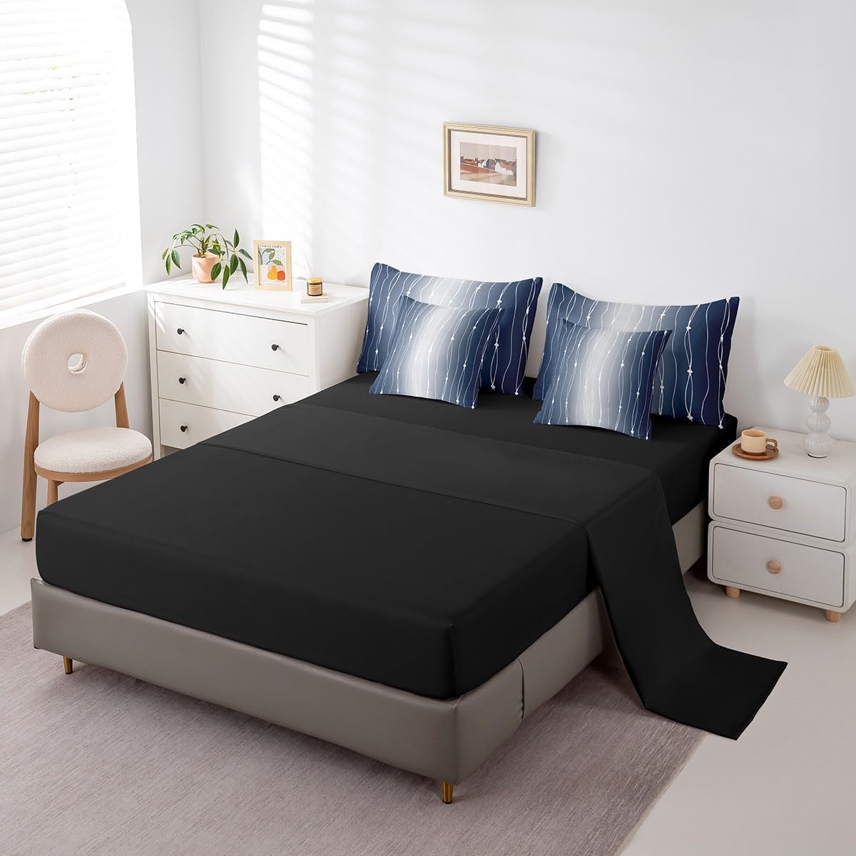 Navy Blue and Gray Gradient Bedding Comforter Sets 7Pcs Watercolor Ombre Bed in a Bag Abstract Aesthetic King Bedding Sets Wave Line and Dots Comforter Set Geometric Bedding Sets Room Decor