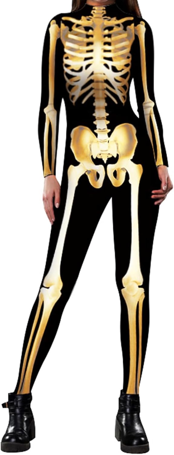Halloween Bodysuits for Women Skeleton Jumpsuit Long Sleeve Halloween Costume Zip-up Skull One Piece Outfit