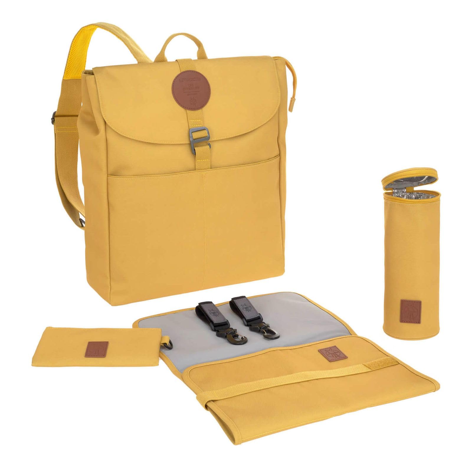 LÄSSIG Baby Wickelrucksack Wickeltasche Babytasche stylische Tasche inkl. Wickelzubehör/Backpack Adventure lemon curry