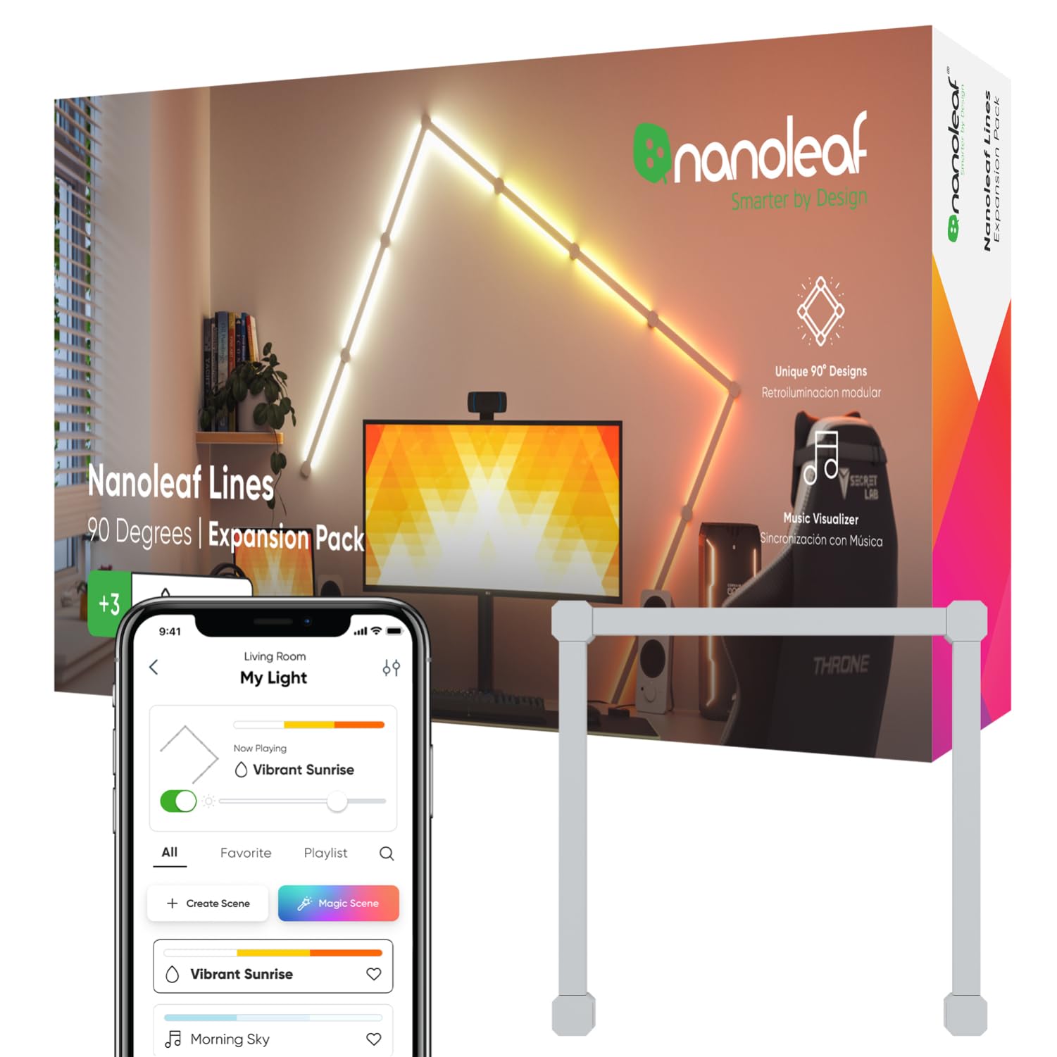 Nanoleaf Lines 90 Grad Erweiterungspack, 3 zusätzliche Smarten LED RGBW Lichtleisten - Modulare WLAN 16 Mio. Farben Wandleuchte, Musik & Bildschirm Sync, OK mit Alexa Google Apple