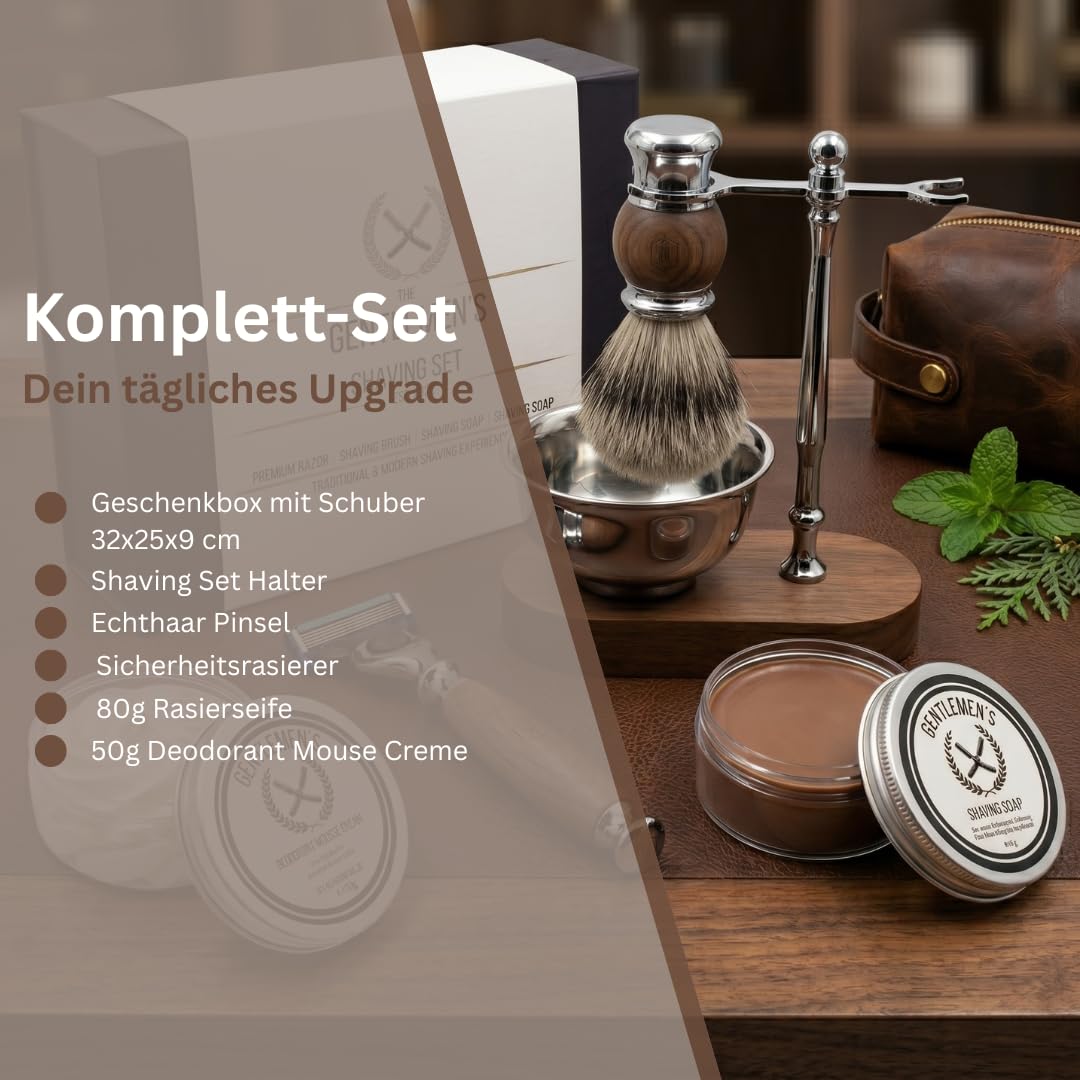 Rasierset Für Manner - Sicherheitsrasierer, Ständer, Schale, Rasierseife, Deo Mouse Creme, Echthaar Rasierpinsel, Geschenkbox Herren - Geschenke Für Männer