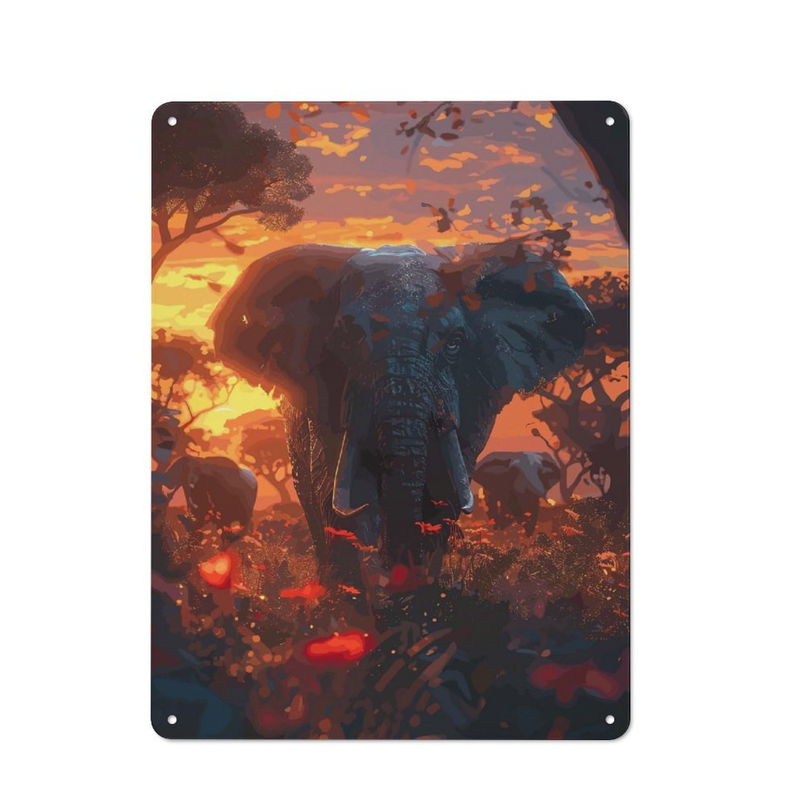 Elephants Savanna Sunset Nostalgic Metal Wall Decor 40x30cm, Vintage Tin Sign for Living Room, Hallway, Kitchen Or Cafe