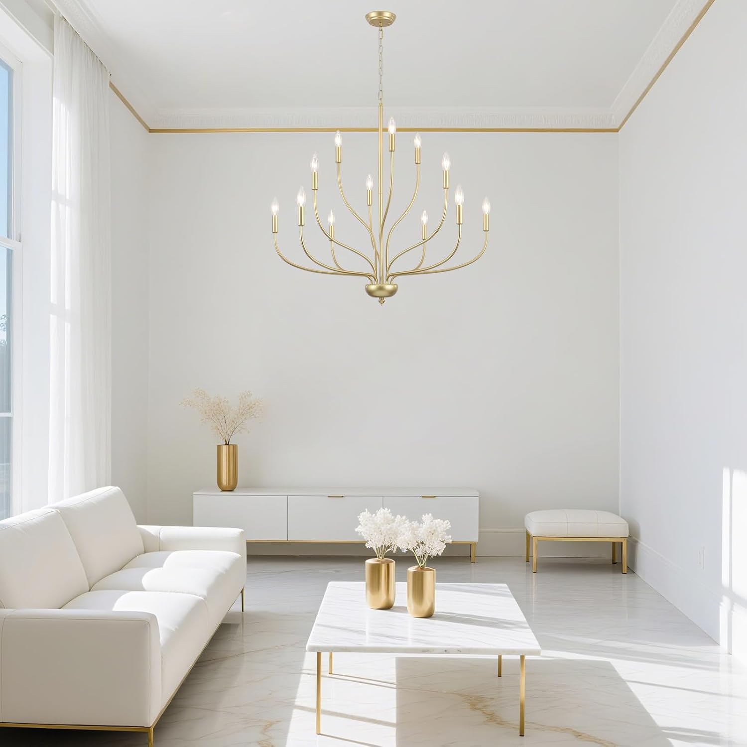 Modern Gold Chandelier for Dining Room,12-Light Gold Chandeliers,34 Inch Large Industrial Hanging Light Fixture for High Ceilings for Living Room, Kitchen, Entryway,Foyer