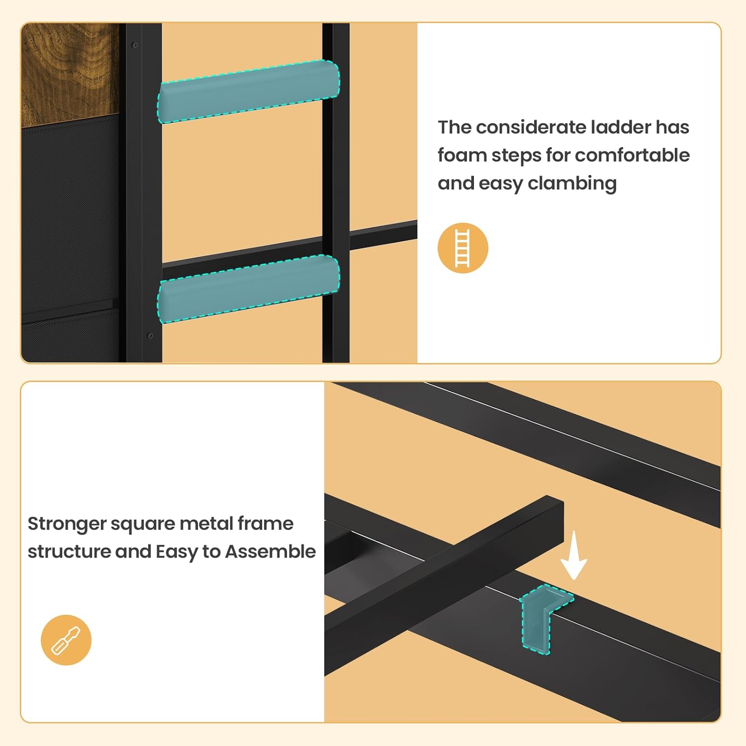 Close-up images of the ladder with foam steps and the stronger square metal frame structure for easy assembly.
