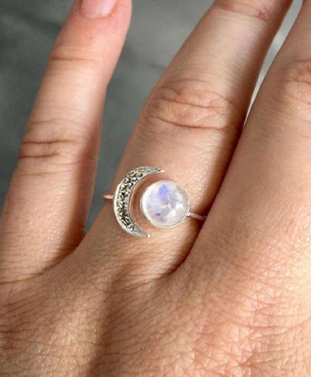 Lzz Fashion Lady - Anillo De Plata De Ley 925 Con Piedra De Luna, Piedra Preciosa, Sol Y Luna, Piedra Natal, Joyería De Boda, Tamaño 6-10 (código 6 De EE. UU
