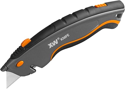 XW Cuchillo utilitario de seguridad de doble sistema con auto-retráctil y 3 posiciones retráctil, cortador de caja resistente 2 en 1 con un total de