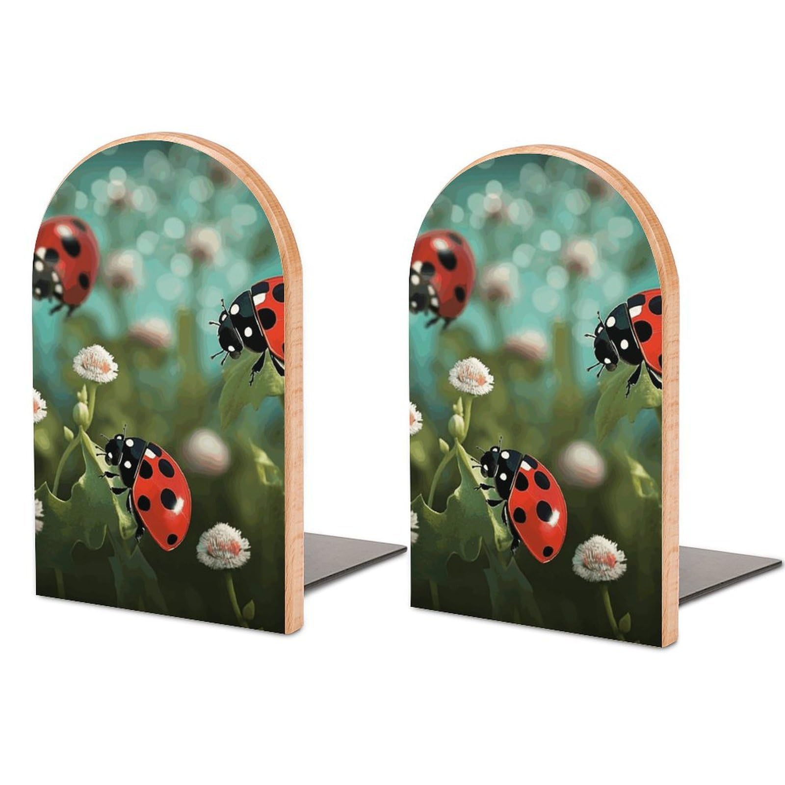 Ladybug Landscape Bookend Modern Bookends for Shelves Non-Skid Book Holder Heavy Duty Metal Book Storage for Books CDs Decorative Book Stopper for Home
