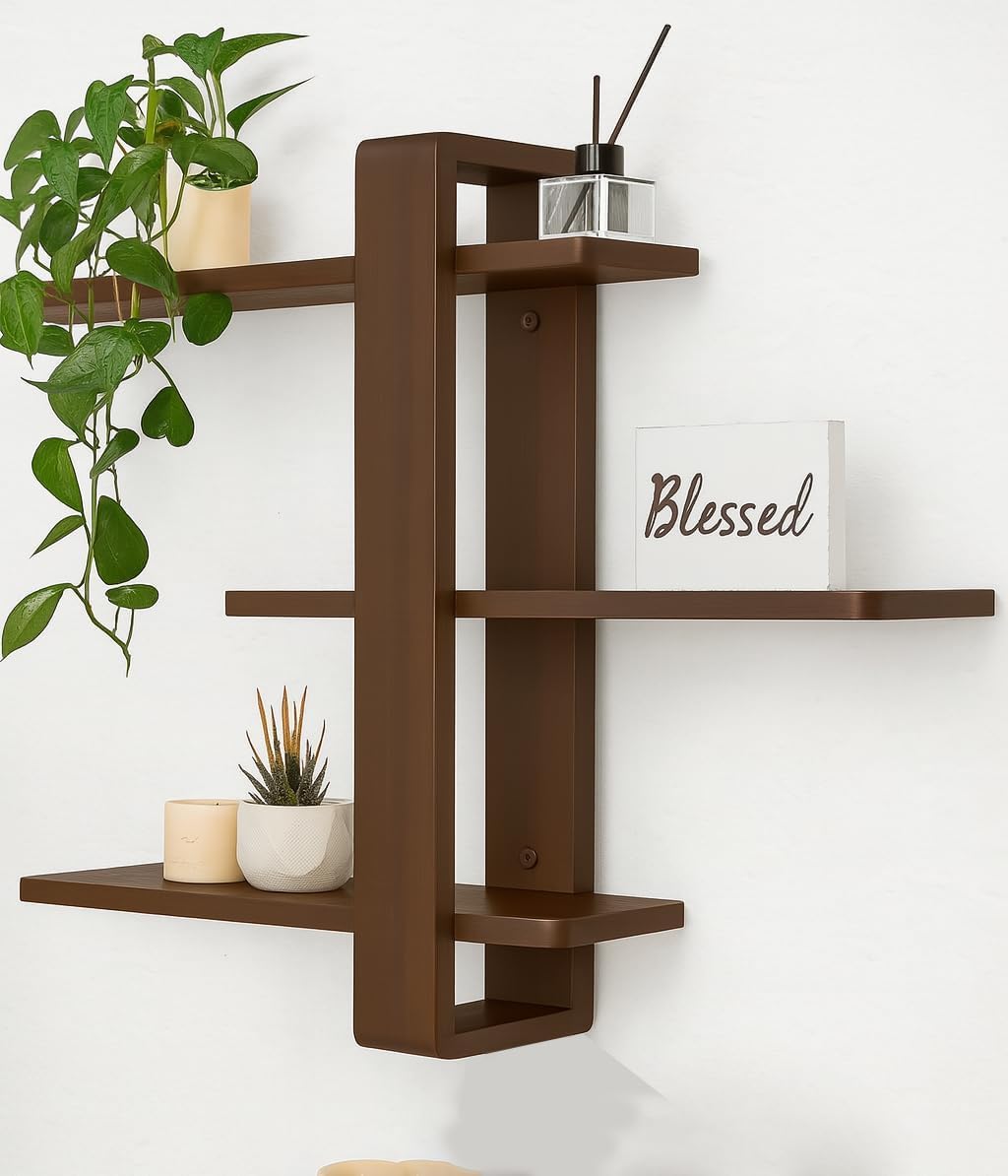 ETIQUETTE ART Floating Shelves for Wall Mounted Shelving Engineered Wood 3 Tier Large Shelf for Bedroom Living Room Office Bathroom Home Decoration Storage Plant Photo Display (Brown)