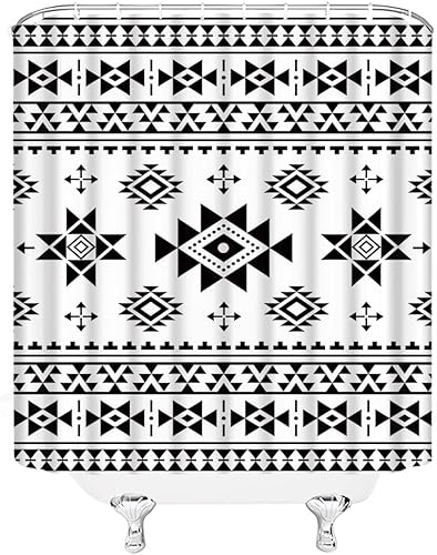 Miniatura 3 de Cortina de ducha azteca, color negro, blanco, bohemio, tribal, suroeste, navajo, nativo, étnico, abstracto, geométrico, triangular, a rayas,