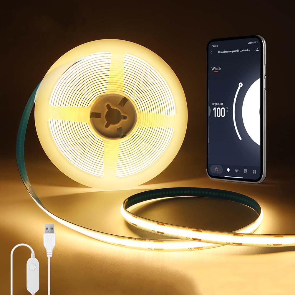 AoLa Striscia LED COB dimmerabile bianco caldo 3000K Controllo tramite app e comando vocale Striscia LED con connettore USB e interruttore autoadesivo Illuminazione interna,3M